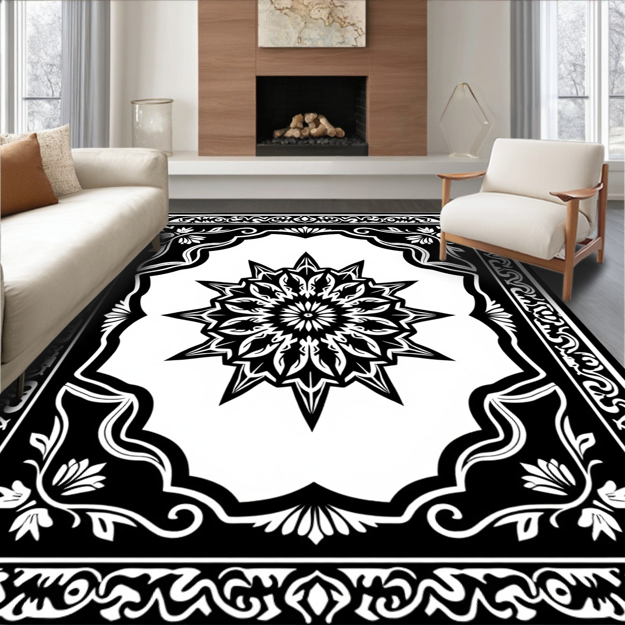 Intricate Black White Starburst Mandala Rug