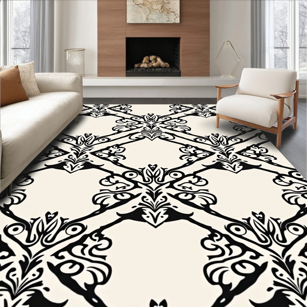 Classic Black White Scrolling Damask Pattern Rug
