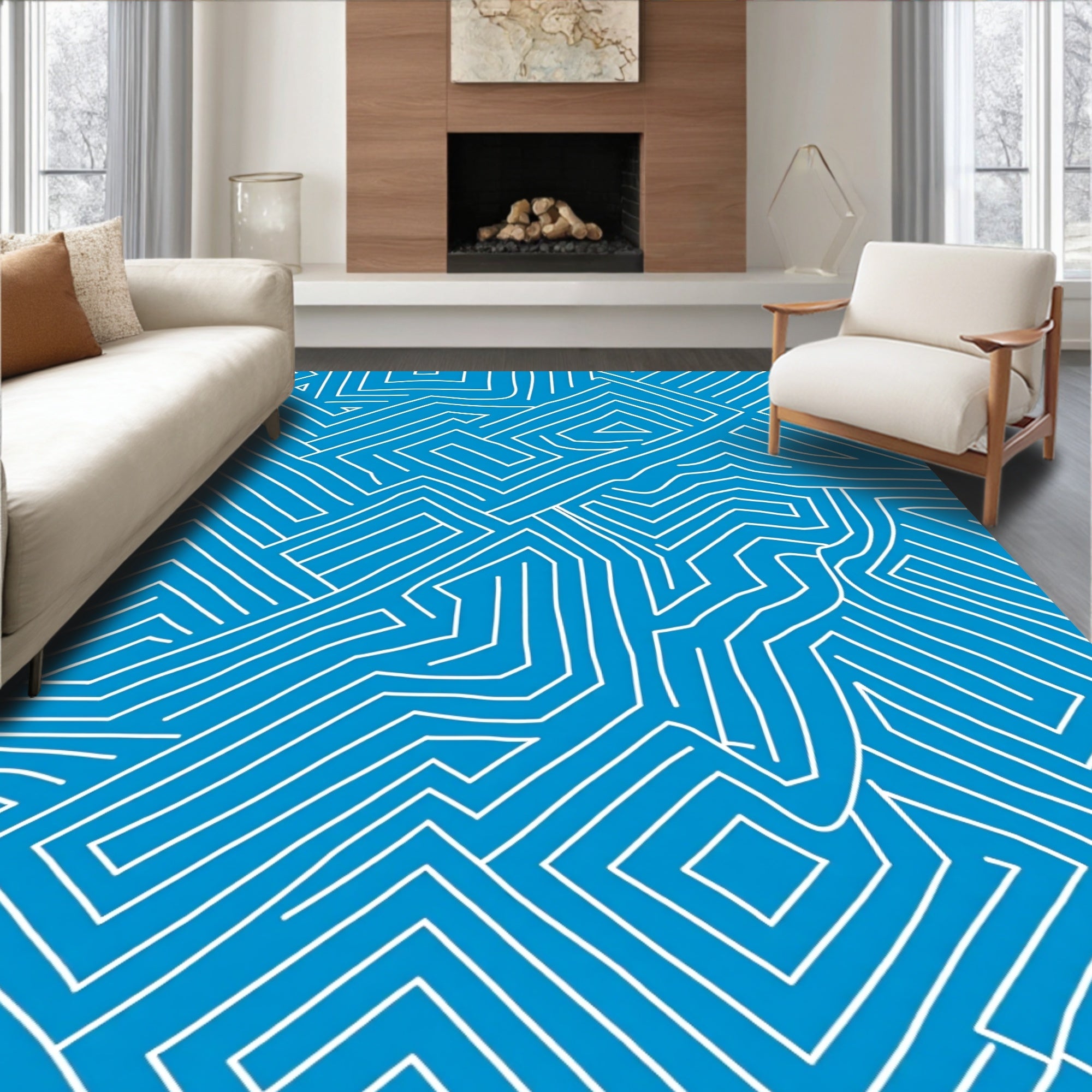 Blue White Interconnected Line Maze Rug