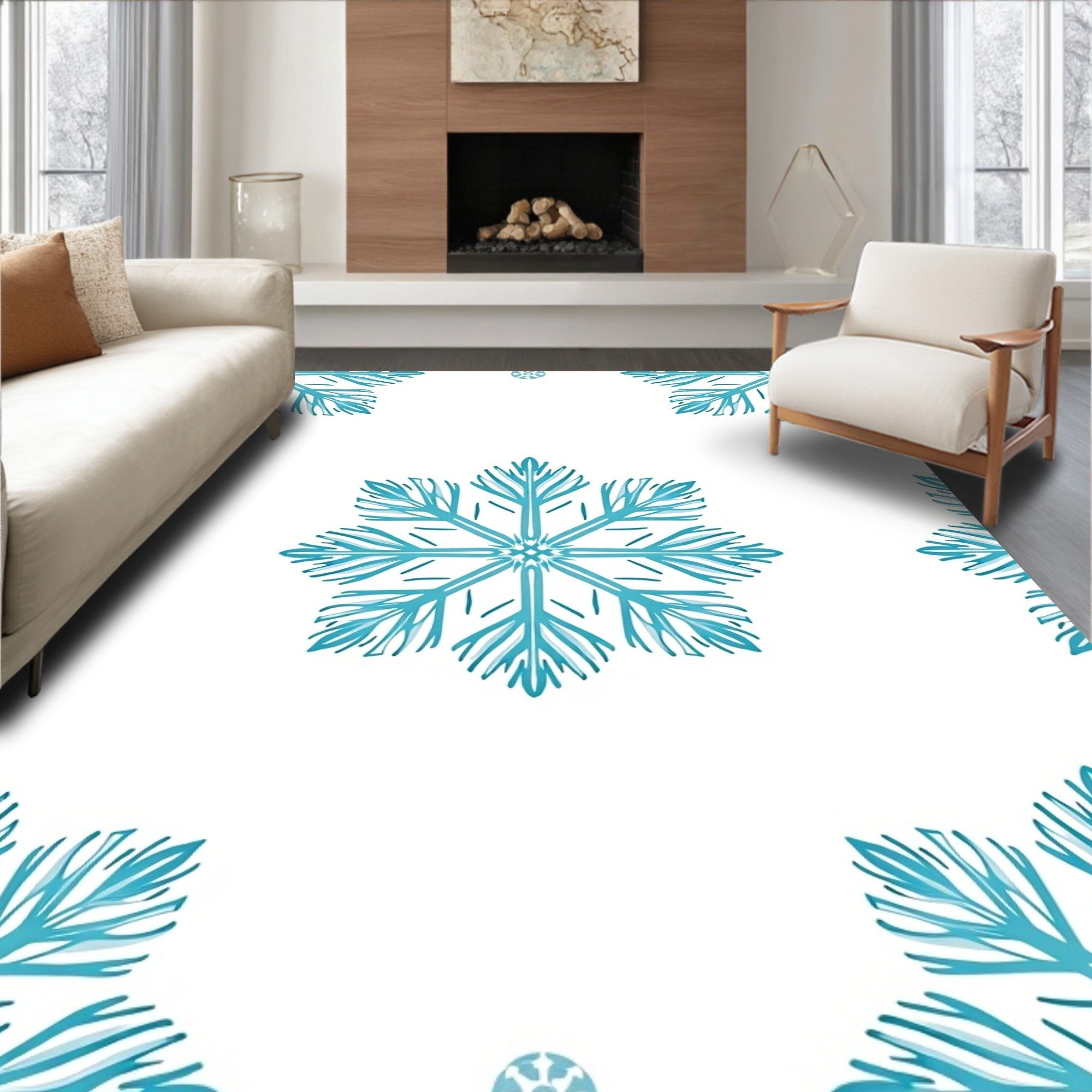 Teal Snowflake Patterned Winter Design Rug