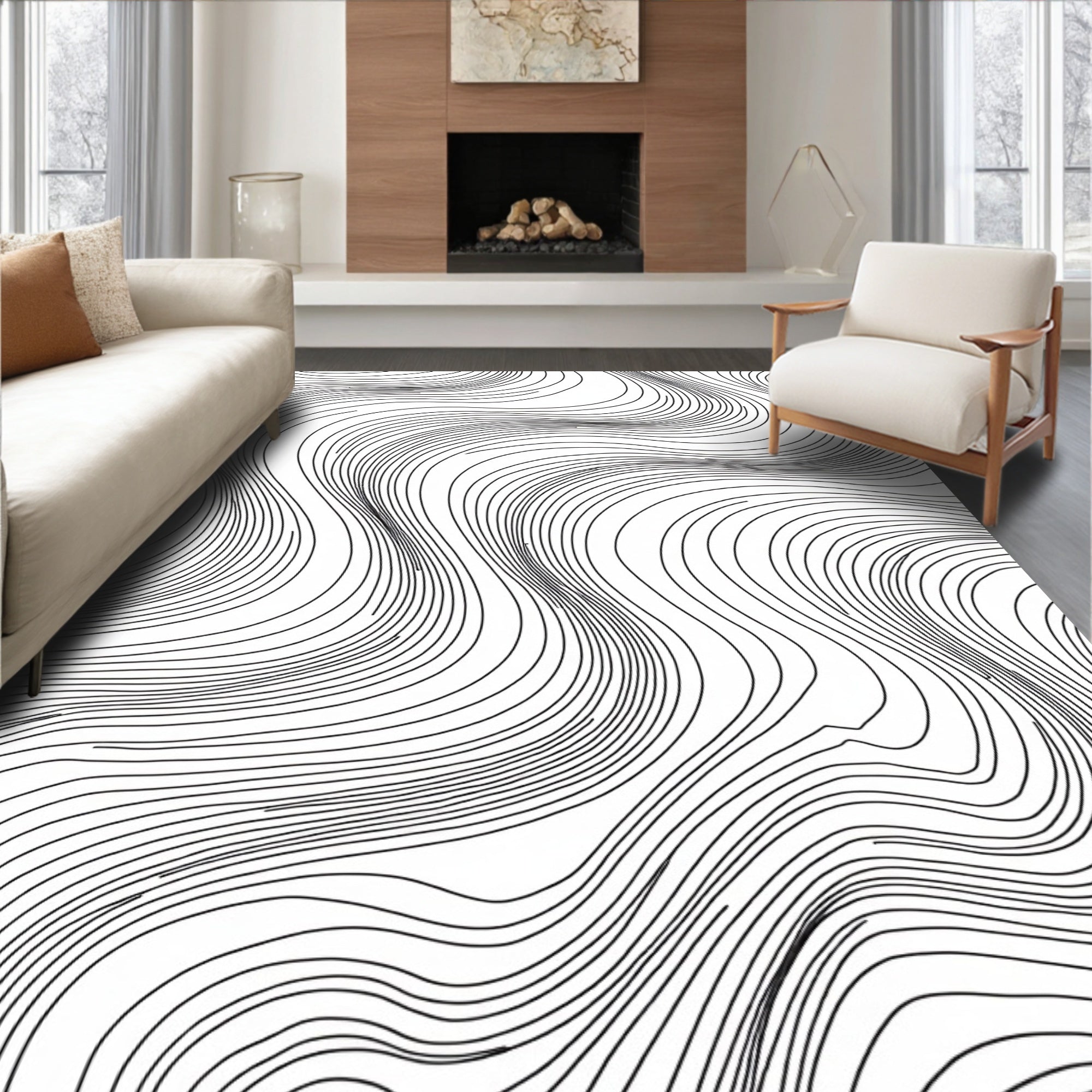 Contemporary Black Wave Pattern Rug