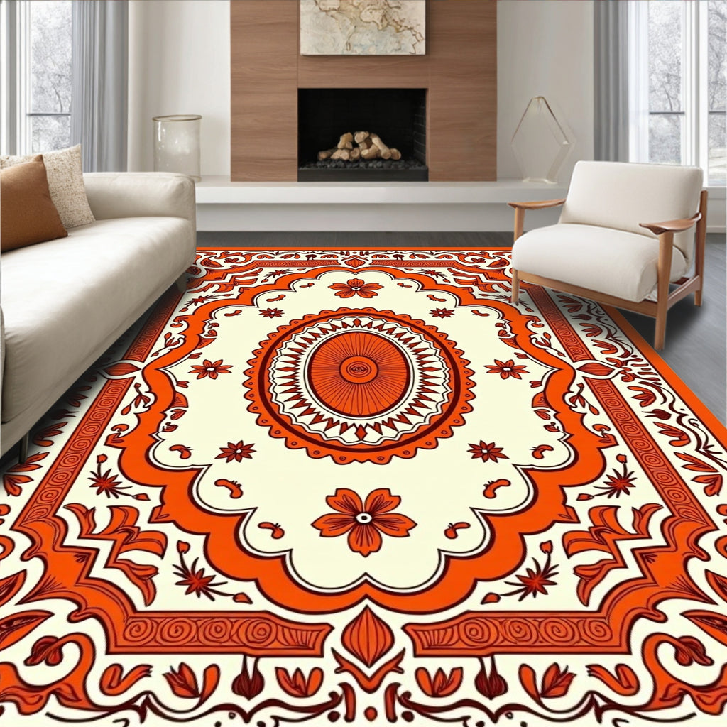 Ornate Orange Floral Medallion Frame Rug