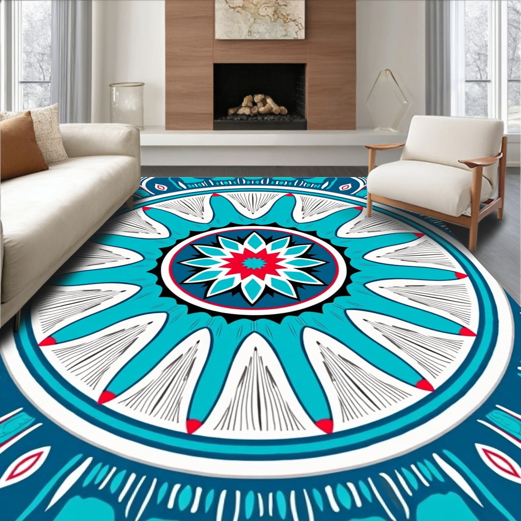 Bold Teal Red Floral Mandala Design Rug