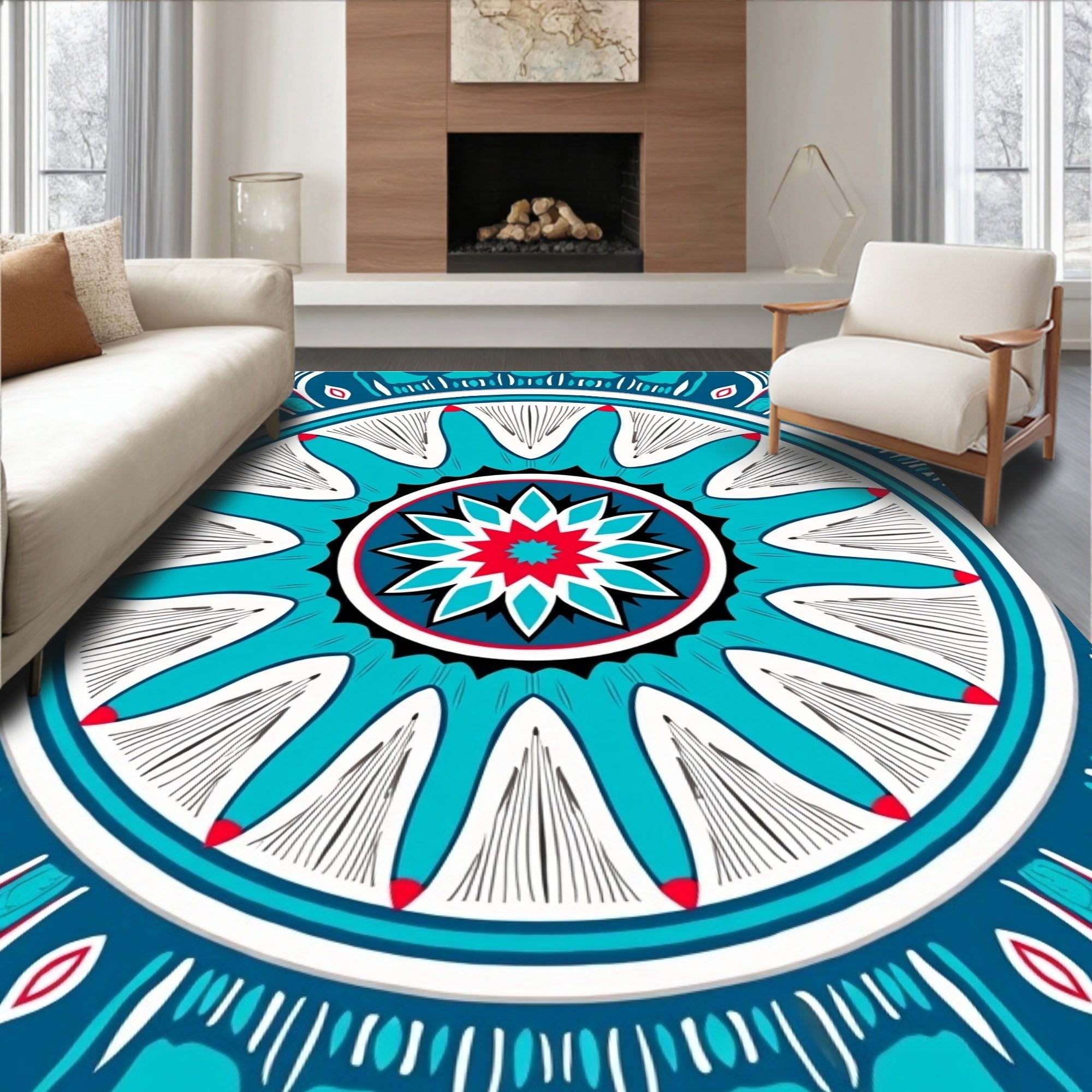 Bold Teal Red Floral Mandala Design Rug