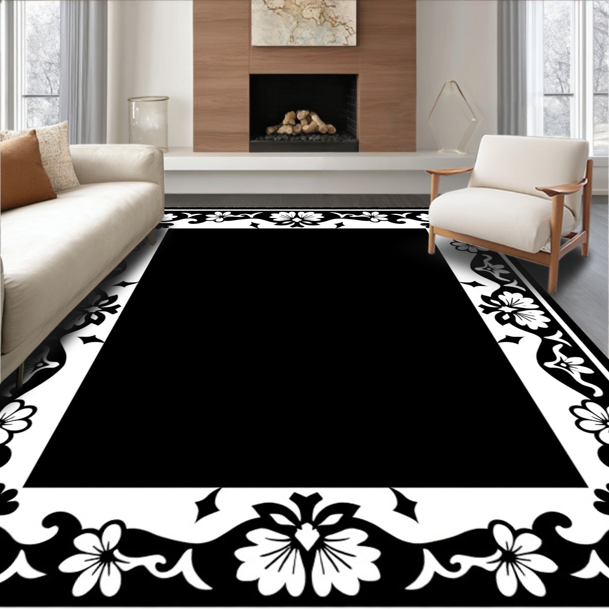Black And White Floral Border Design Rug