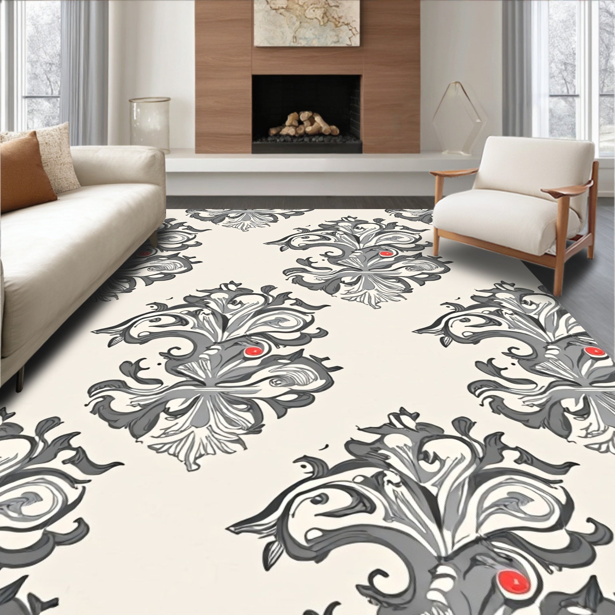 Ornate Floral Swirls With Red Dots Rug