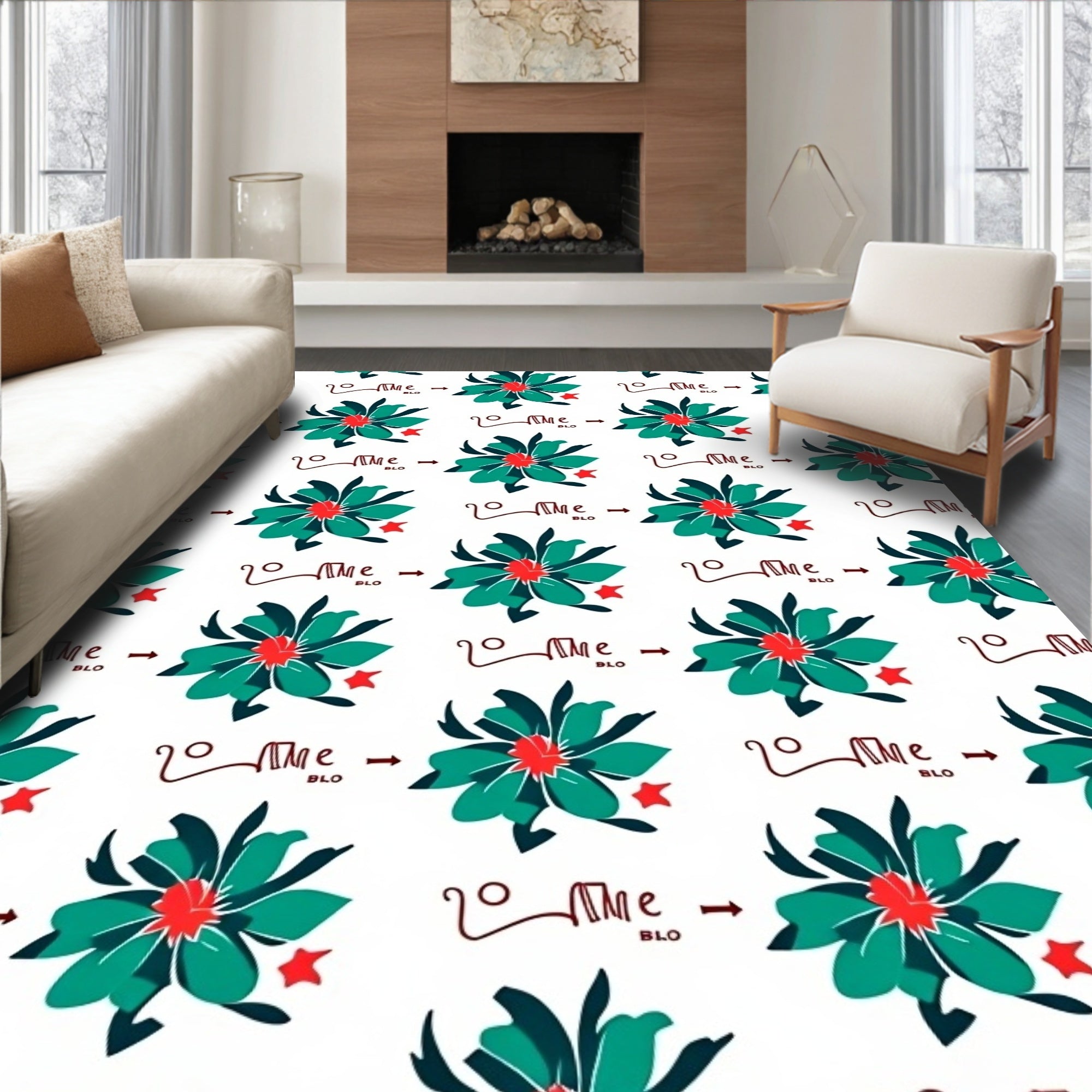 Floral Pattern With Red Star Accents Rug