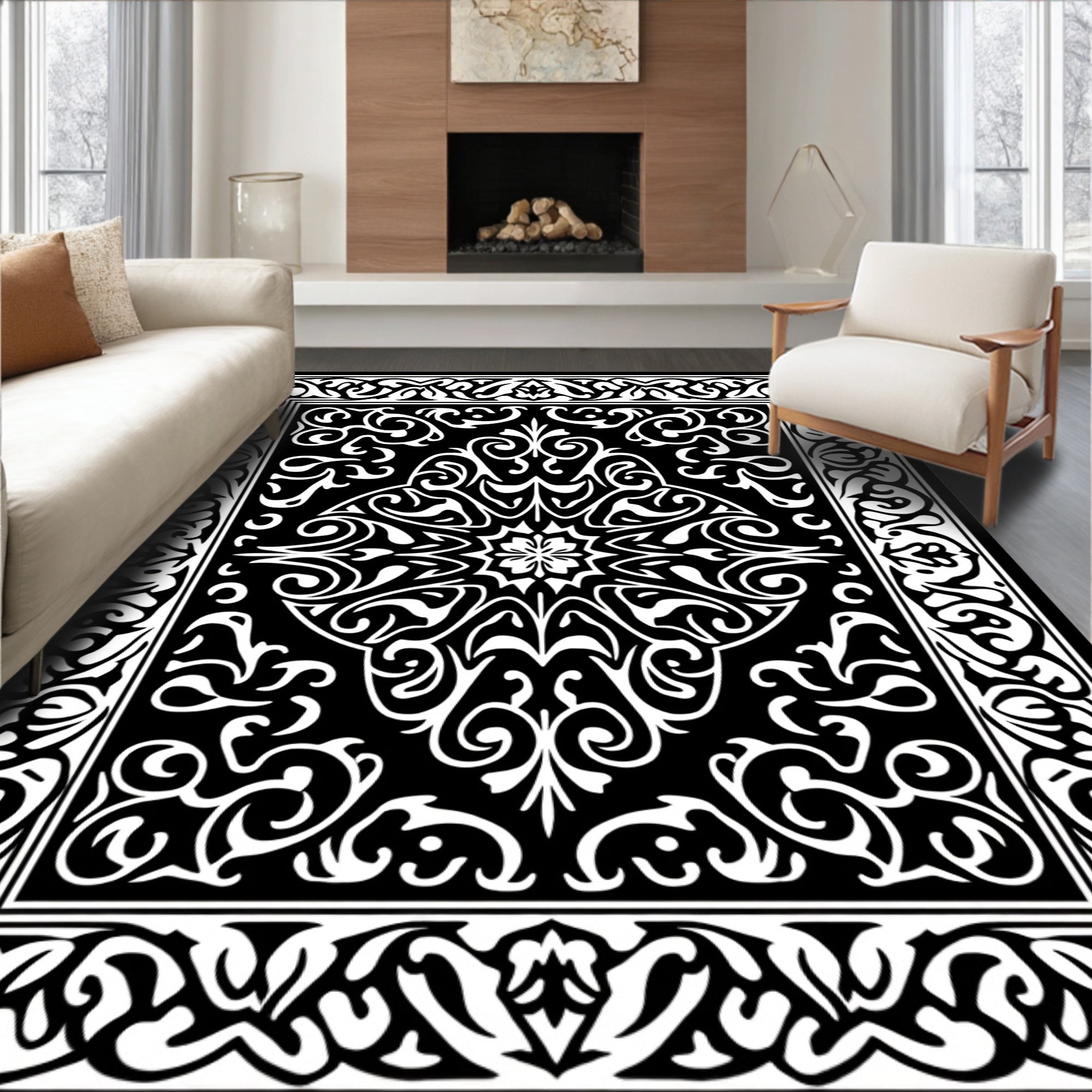 Intricate Floral Scrollwork Black White Rug