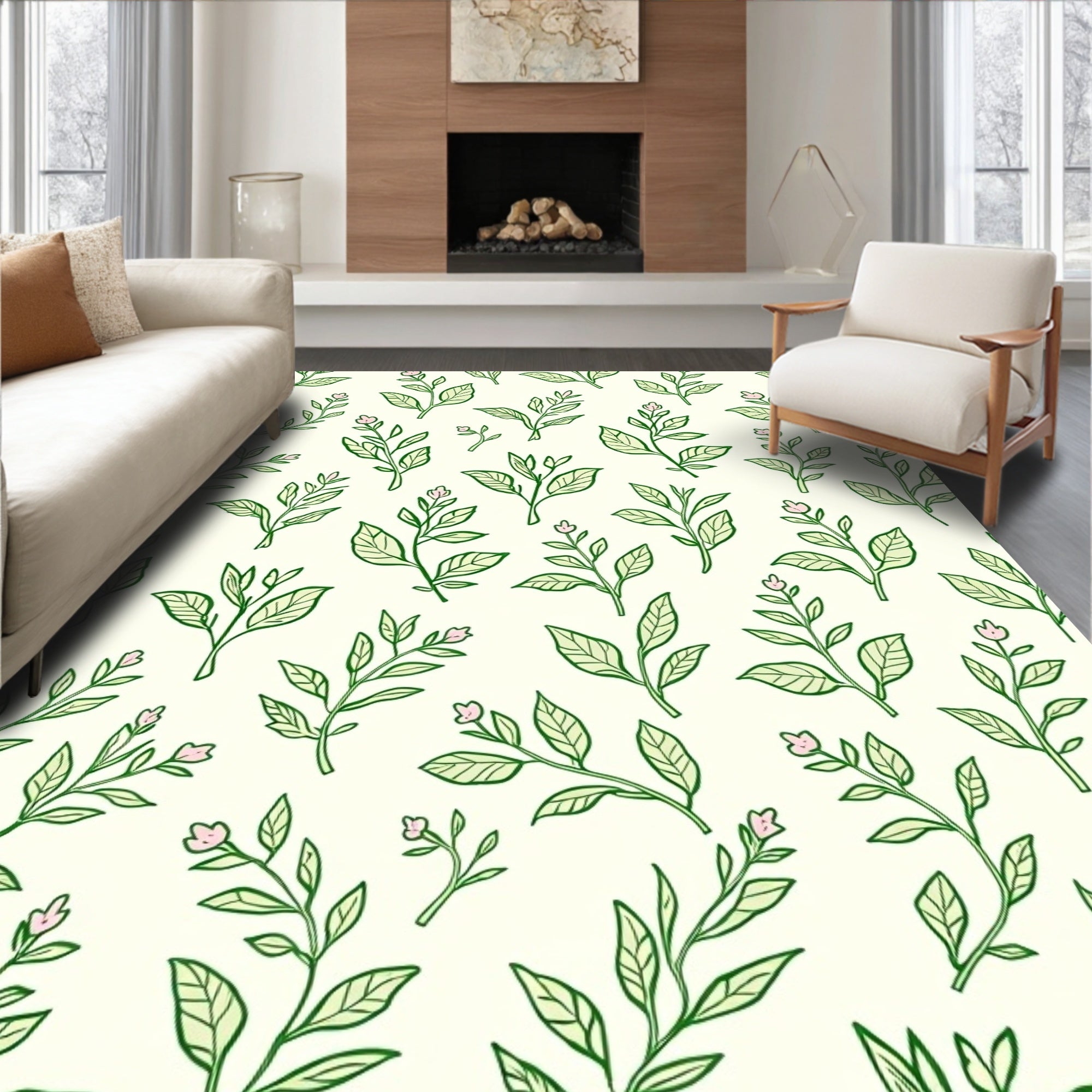 Botanical Sprigs And Delicate Blossoms Pattern Rug