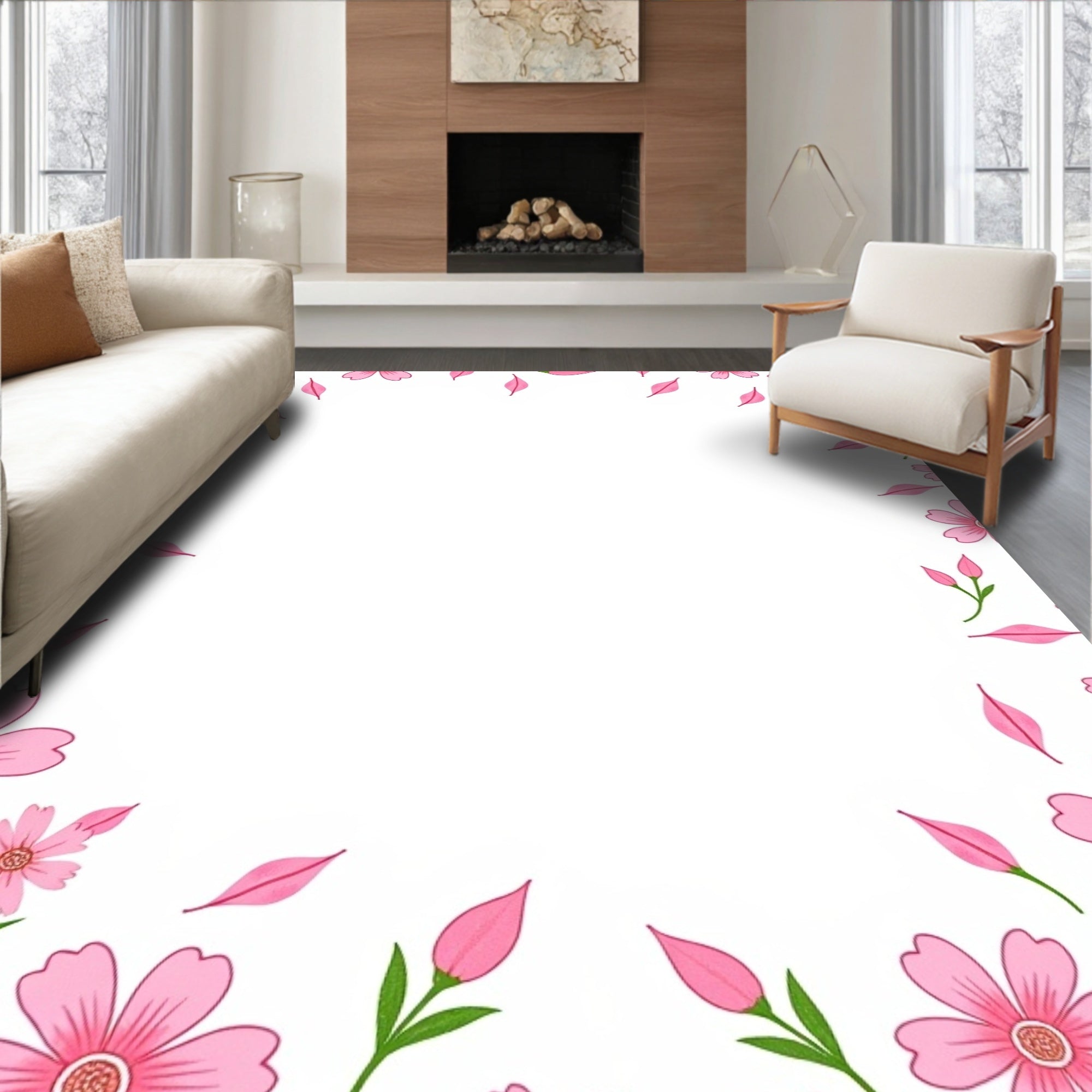 Pink Floral Garden Pattern Rug