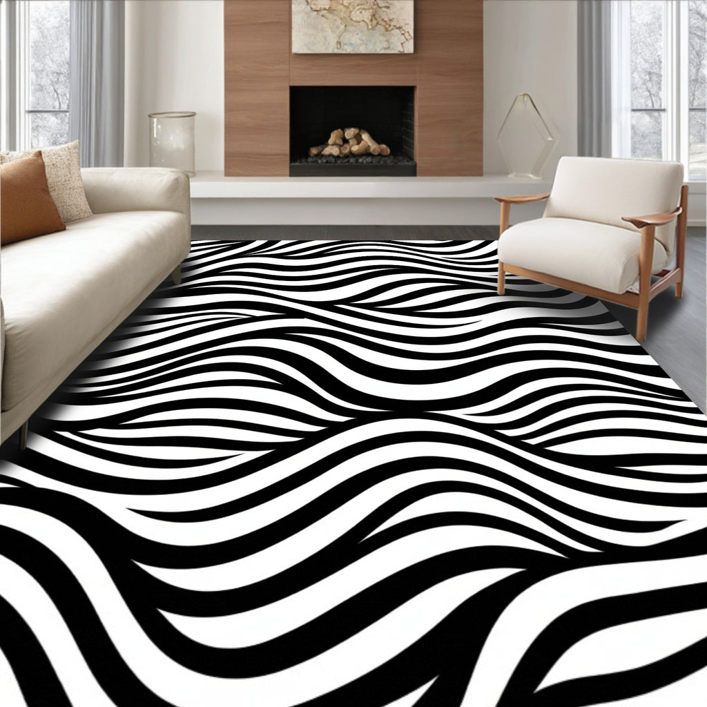 Bold Black White Wavy Pattern Rug