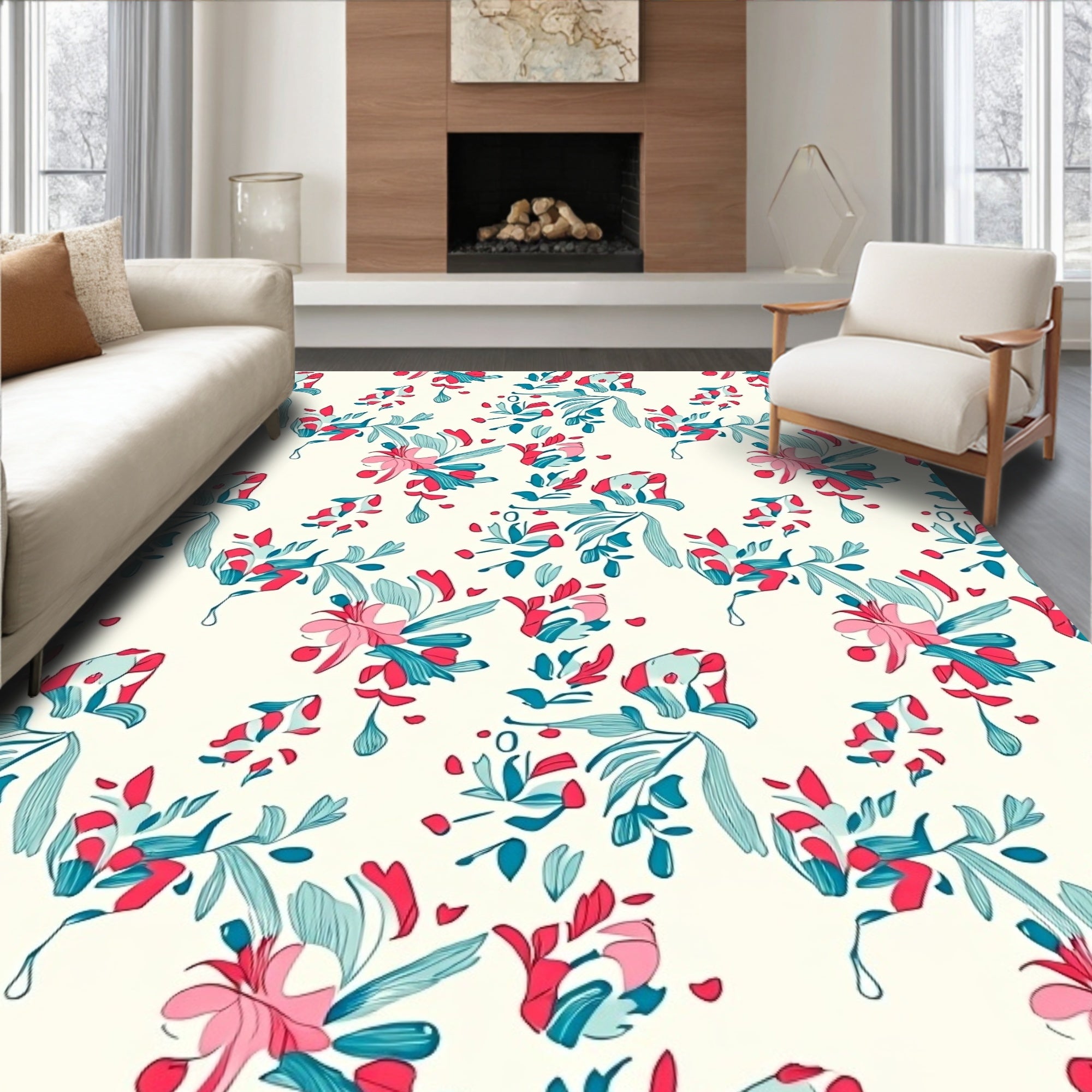 Whimsical Floral Design Red Blue Rug