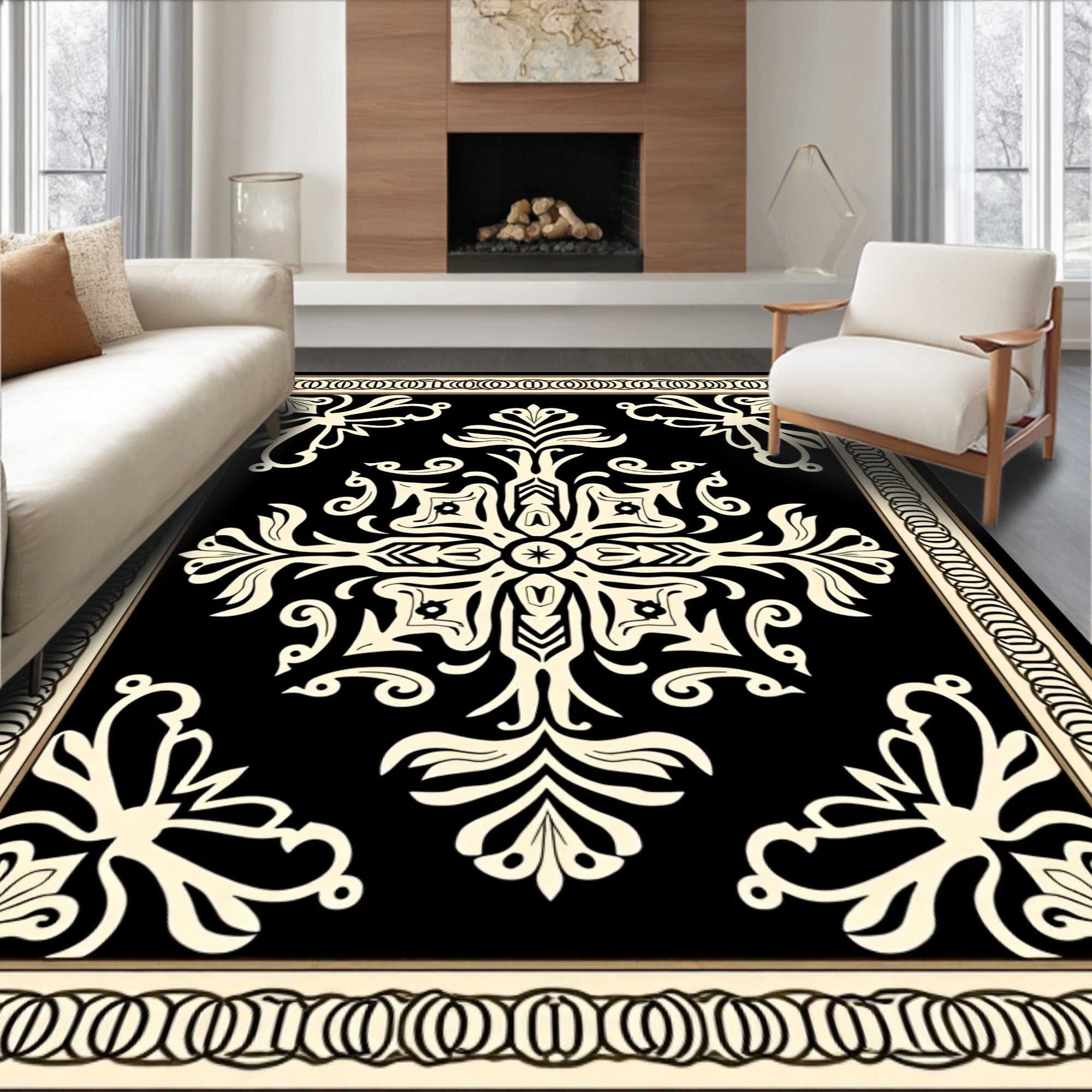 Black Cream Ornate Floral Rug
