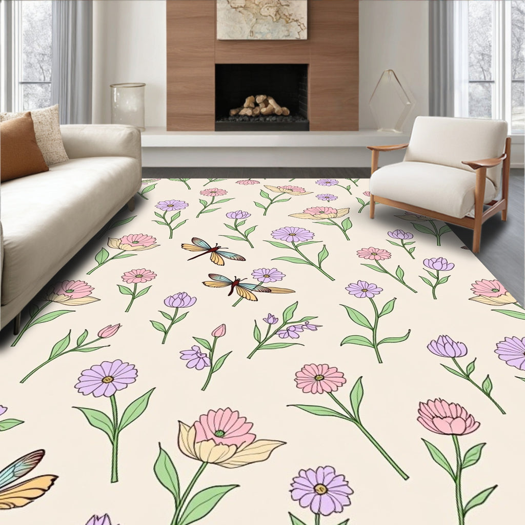 Pastel Floral Dragonfly Garden Pattern Rug