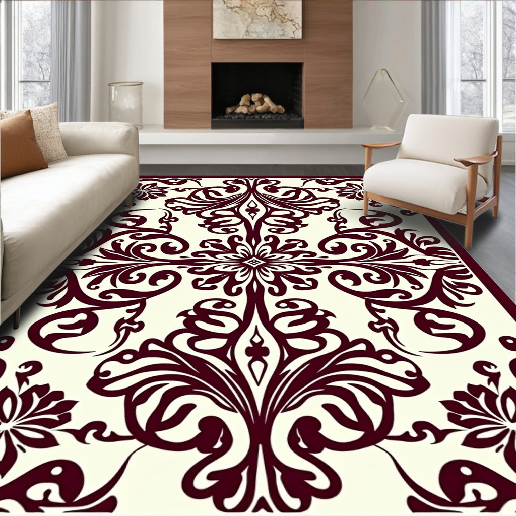 Classic Burgundy Floral Scroll Design Rug