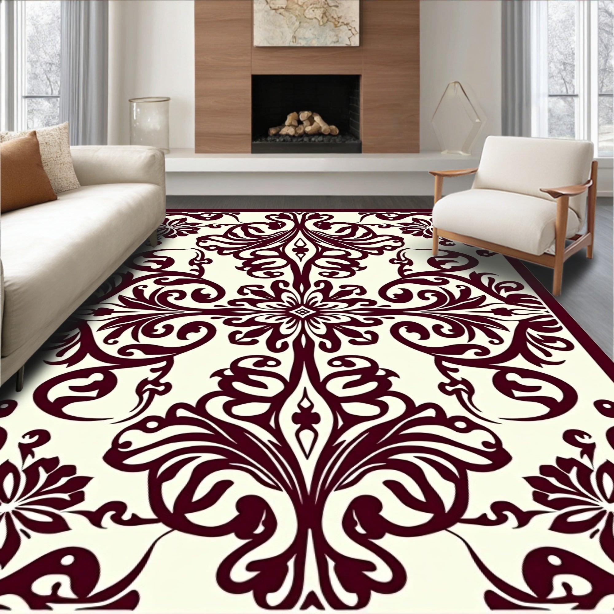 Classic Burgundy Floral Scroll Design Rug