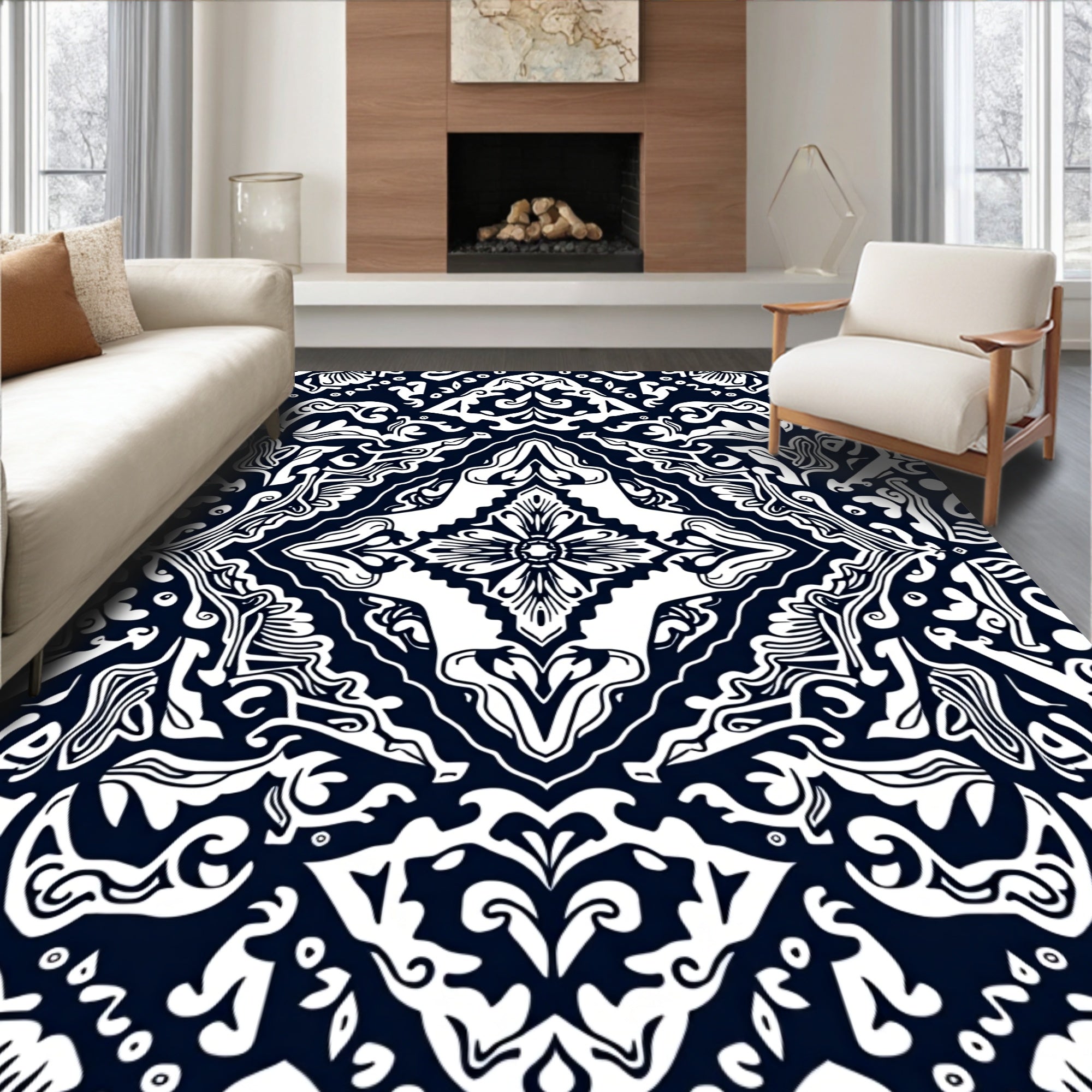 Ornate Black White Symmetry Pattern Rug