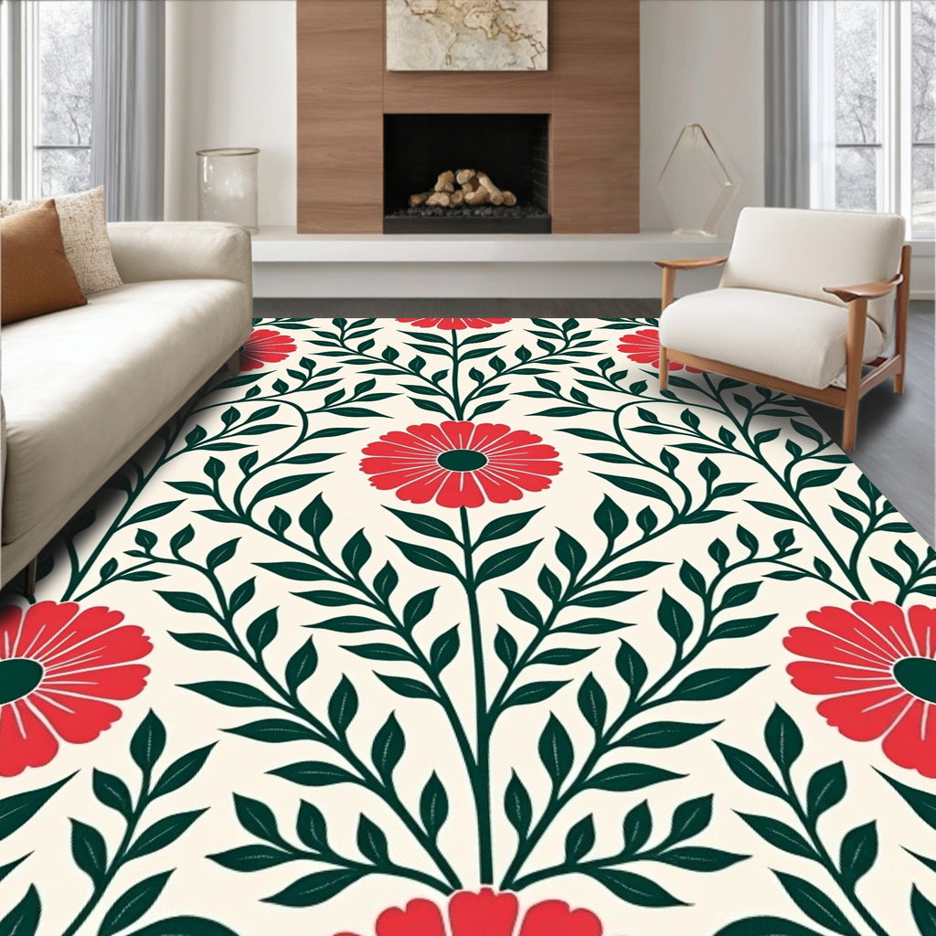 Red Floral Repeating Pattern Arrangement Rug