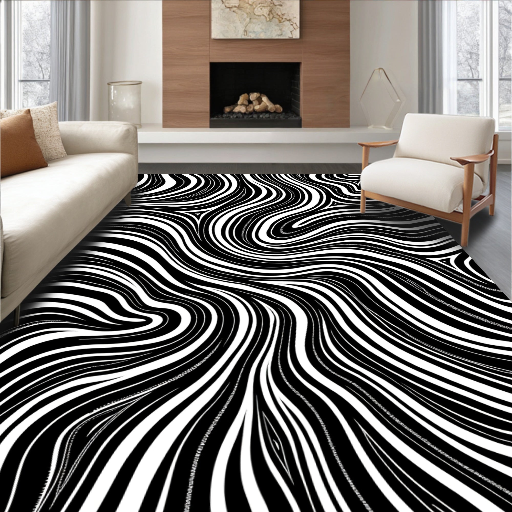 Flowing Abstract Black White Pattern Rug