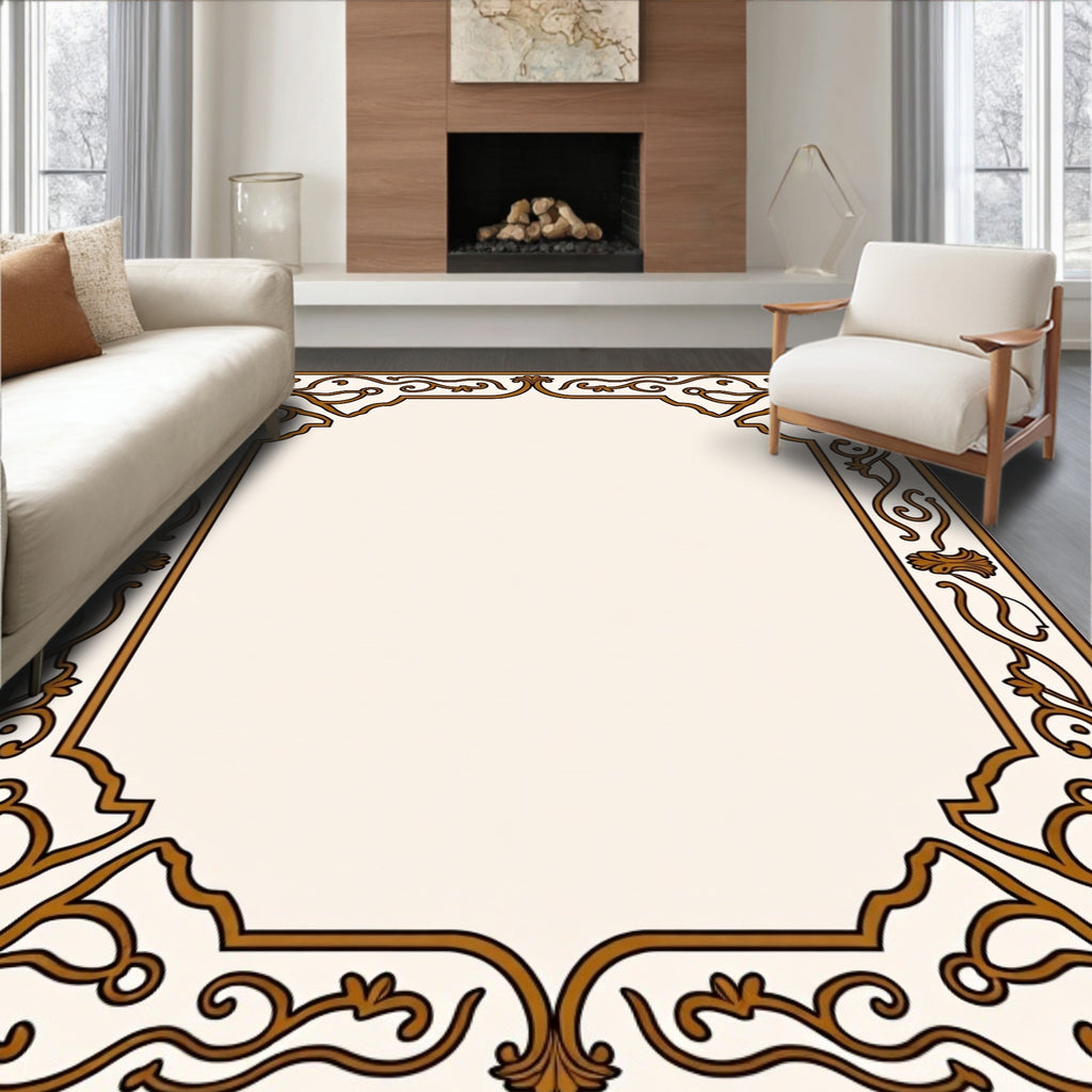 Elegant Swirling Leaf Scroll Border Rug