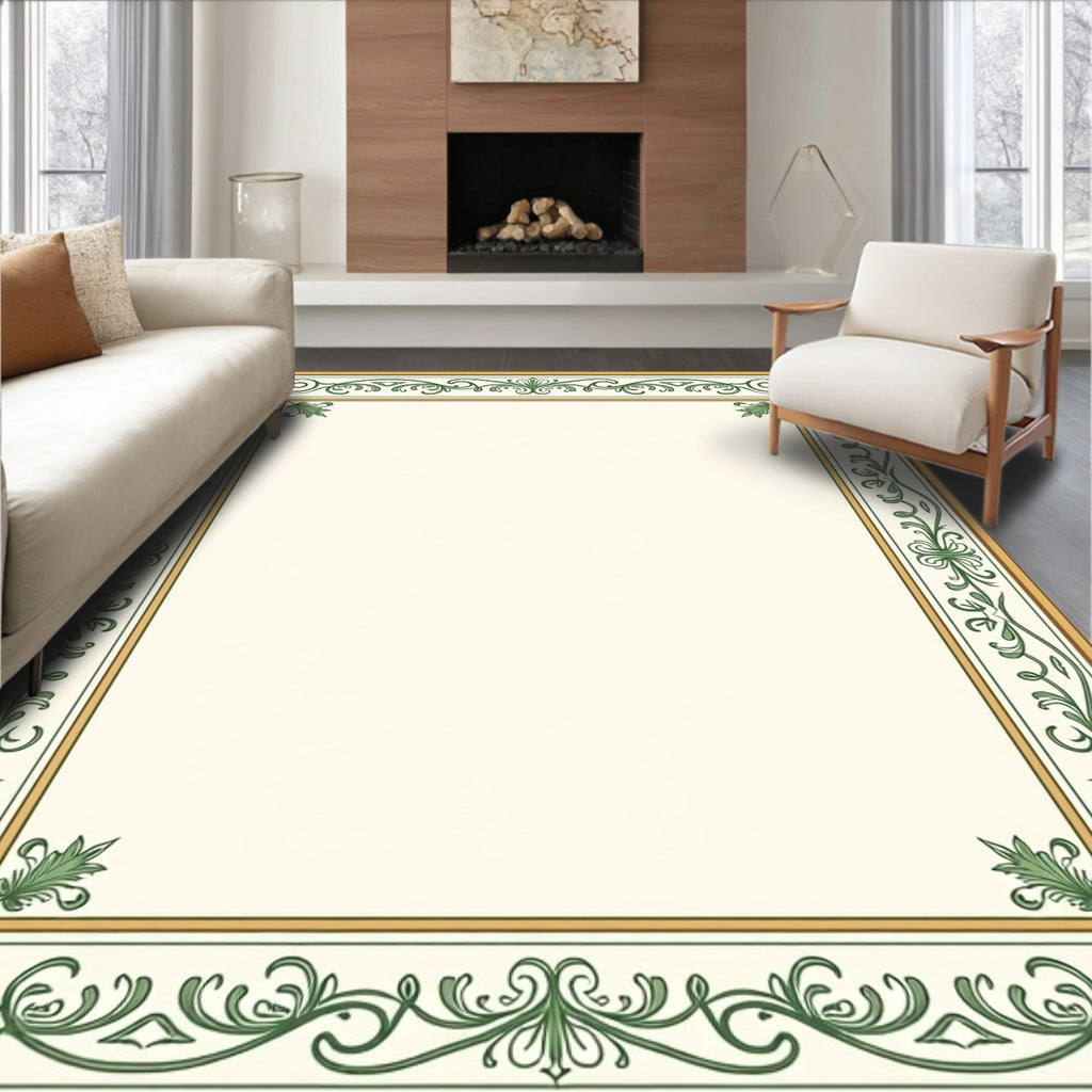Ornate Green Golden Floral Scroll Design Rug