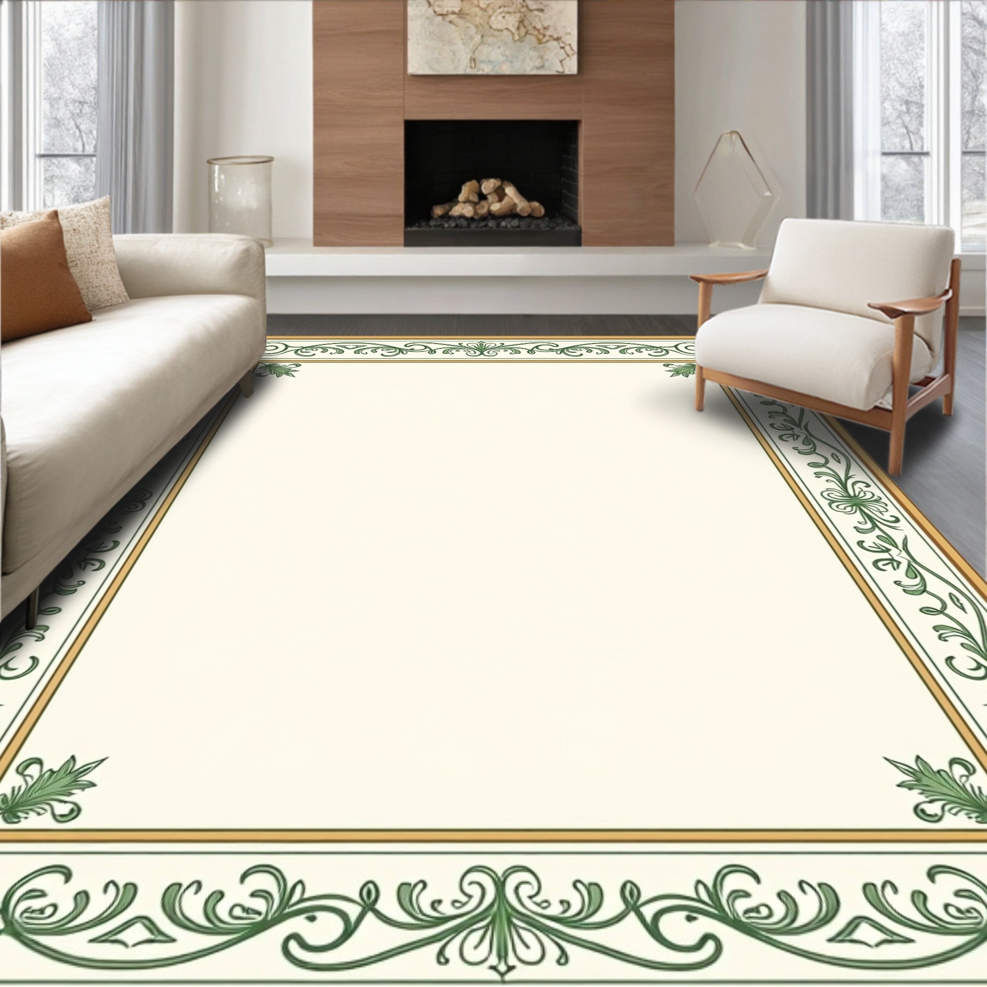 Ornate Green Golden Floral Scroll Design Rug