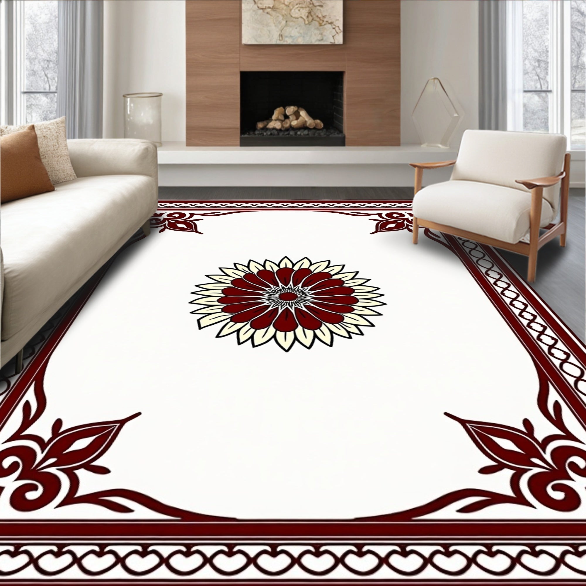 Crimson Floral Crested Geometric Rug