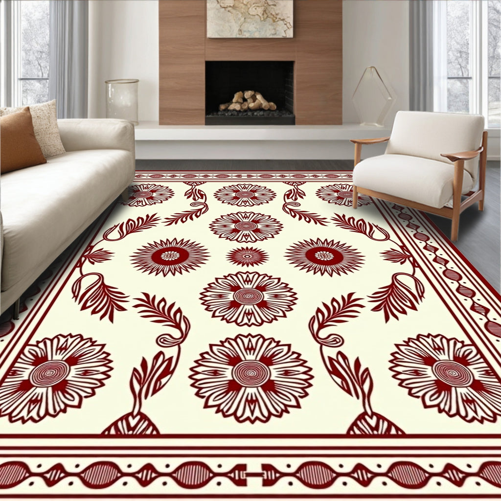 Ornate Red Floral Border Design Rug