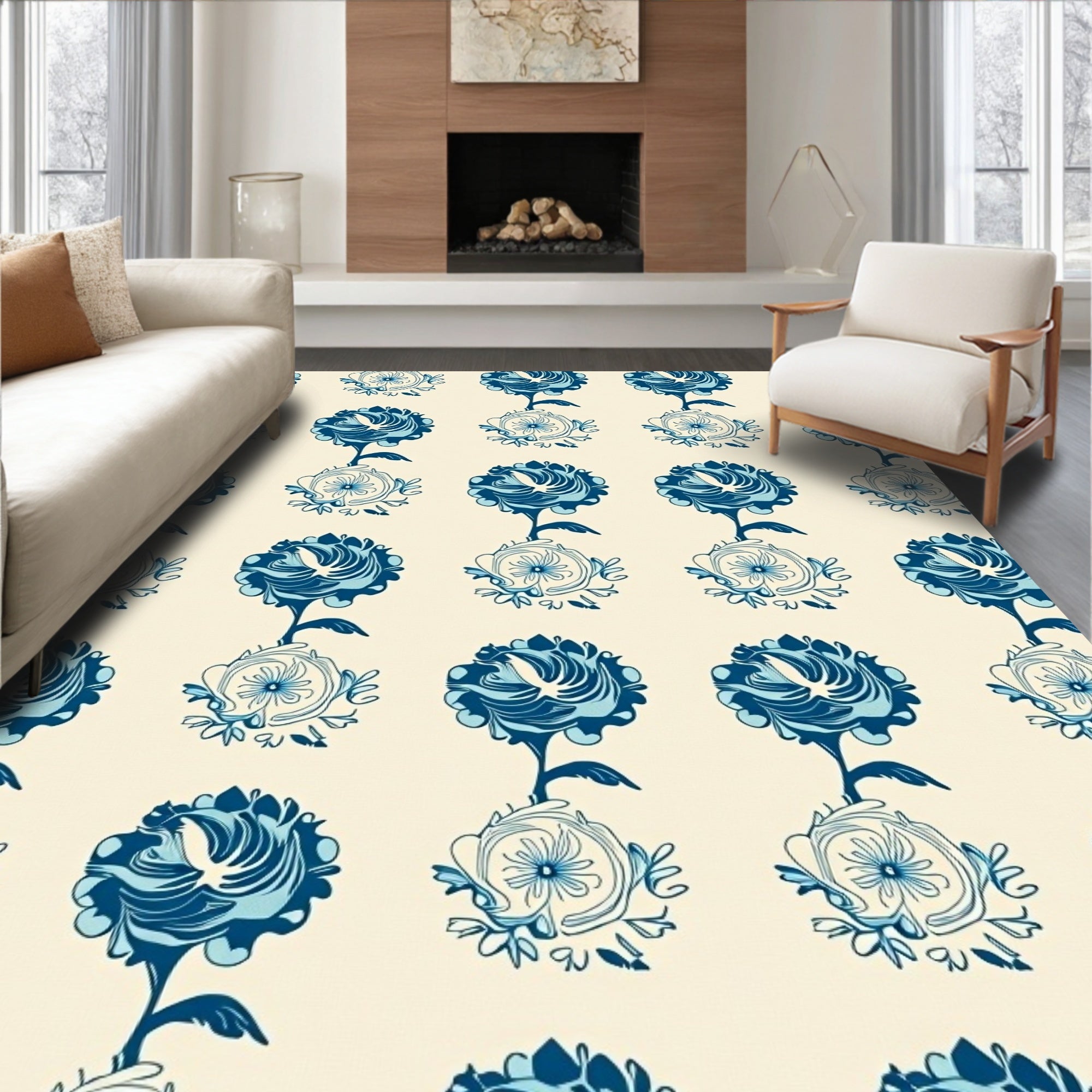 Blue Floral Art Nouveau Pattern Rug