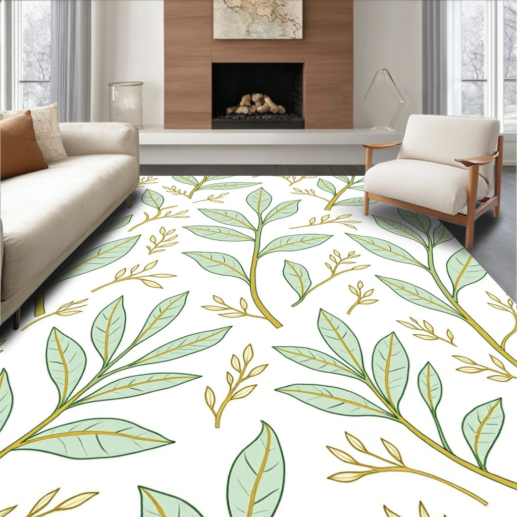 Soft Green Leafy Branches Whimsical Art Rug