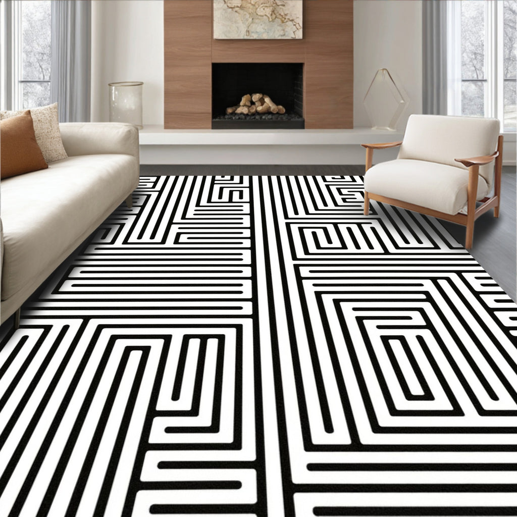 Black White Maze Geometric Pattern Rug