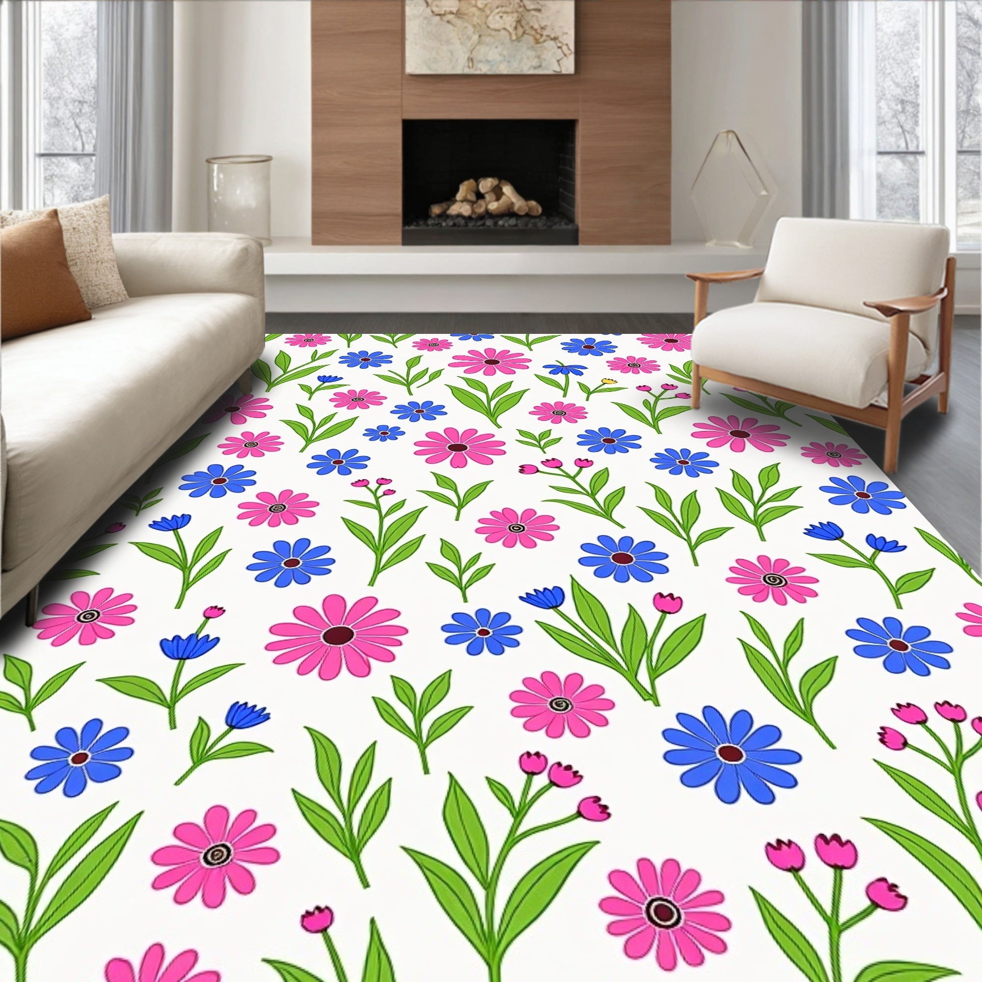 Playful Pink Blue Floral Pattern Rug