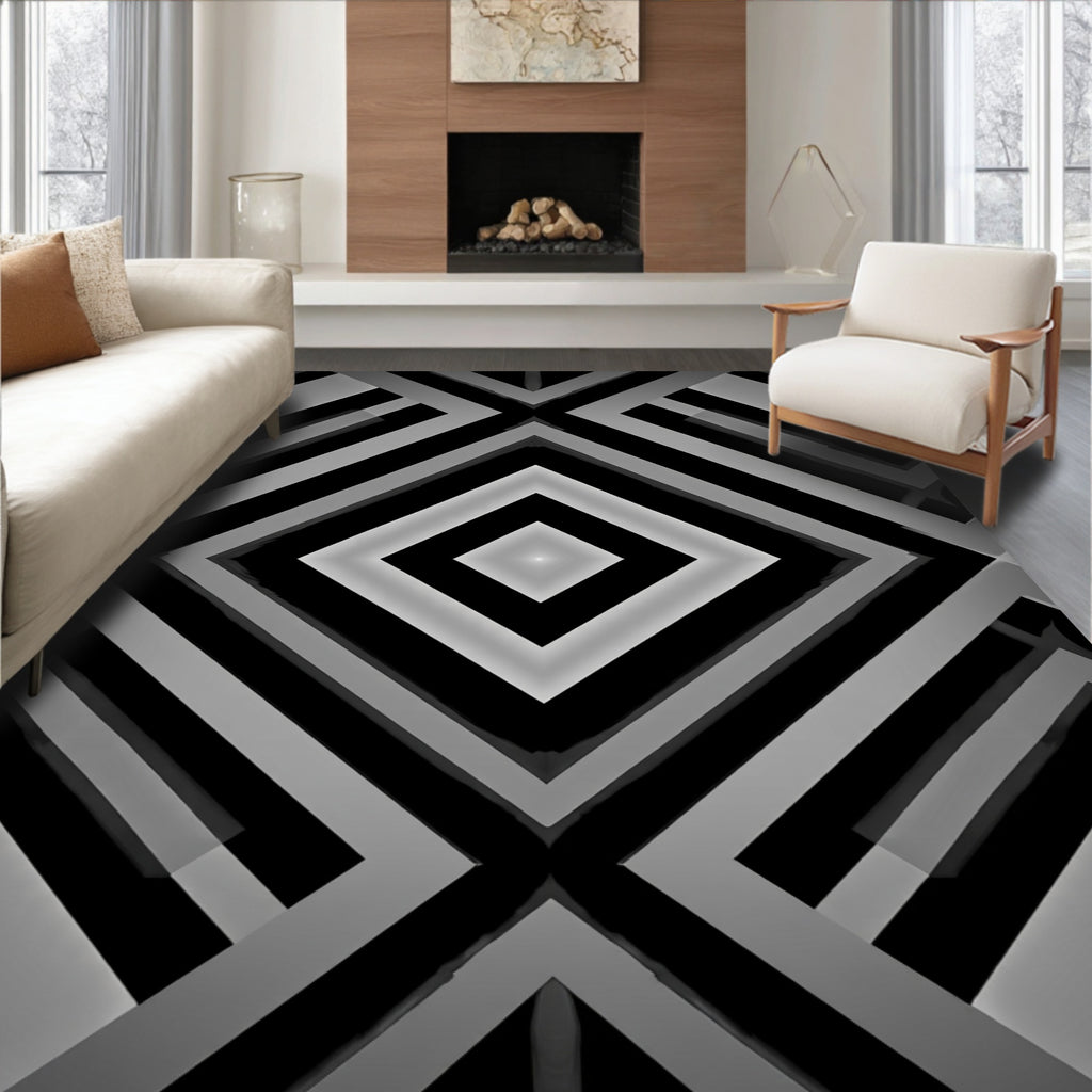 Monochrome Geometric Square Pattern Rug
