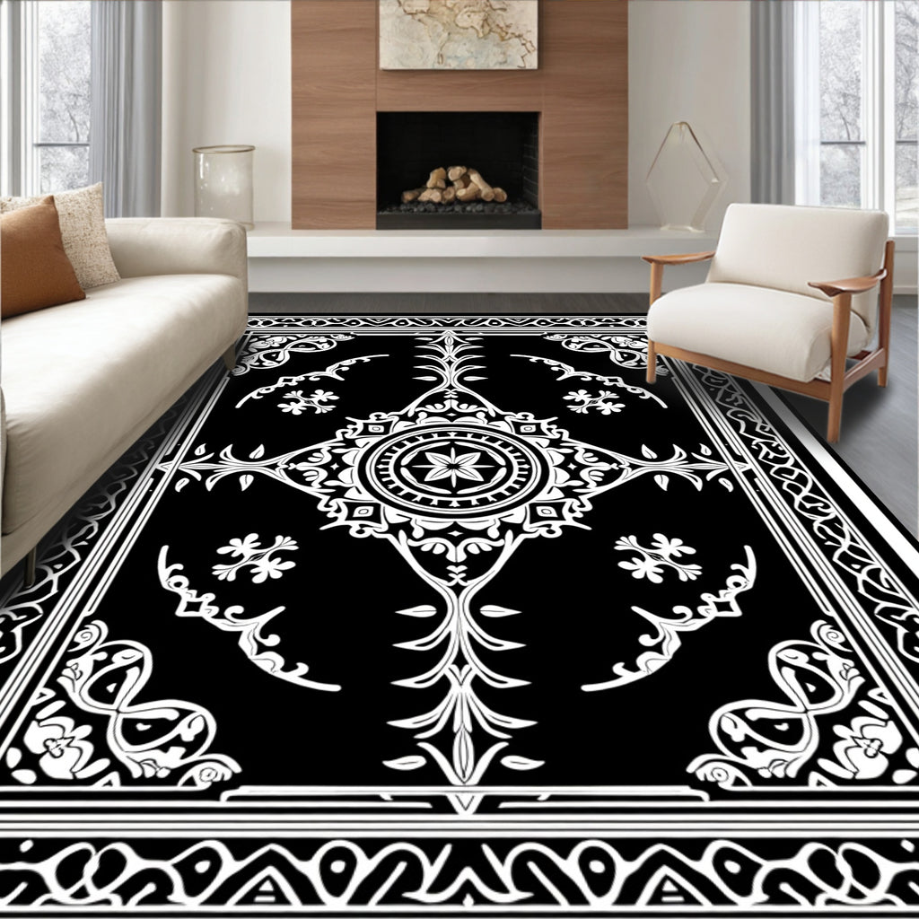 Vintage Black White Floral Pattern Rug