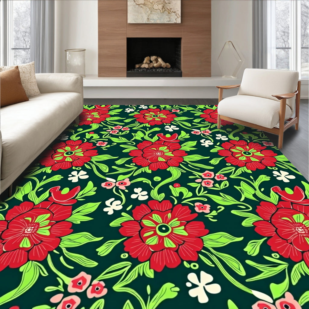 Bold Red Floral Garden Vines Rug