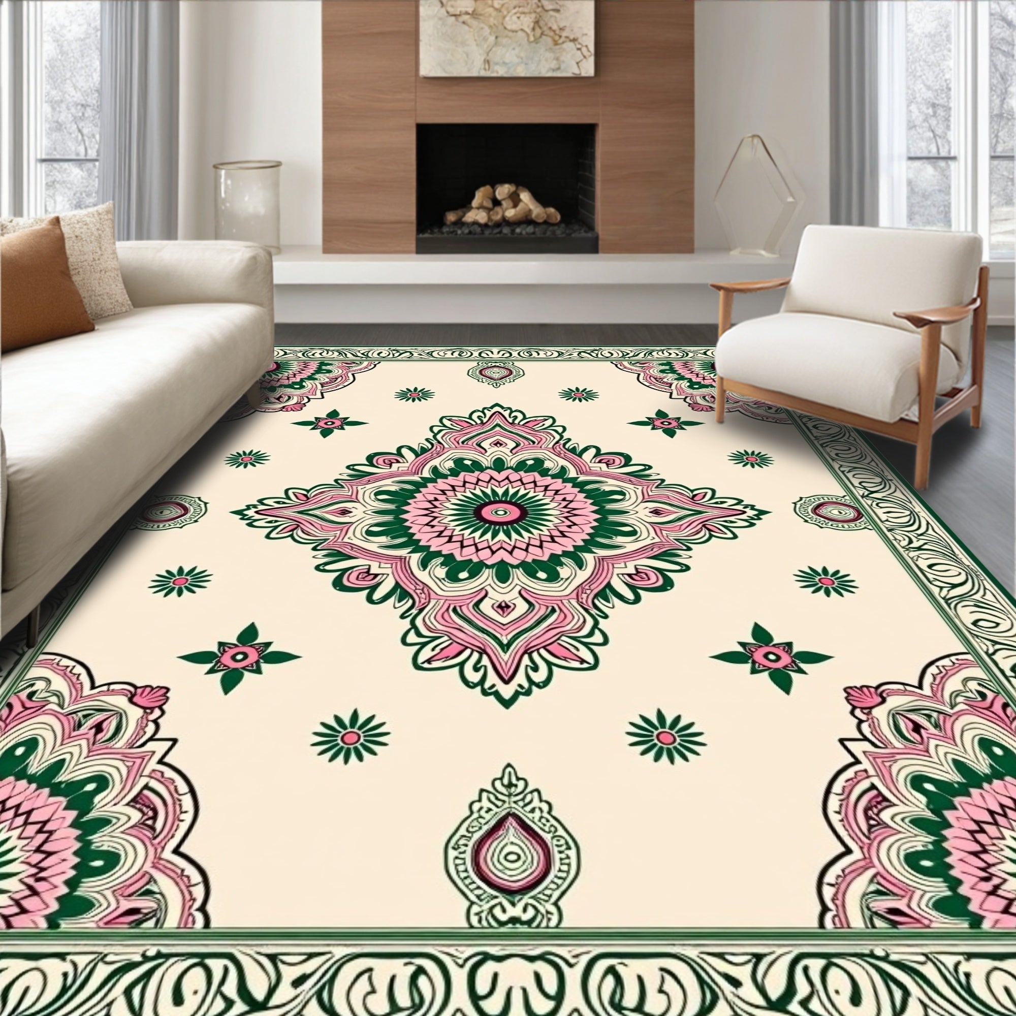 Pink Green Mandala Floral Border Rug