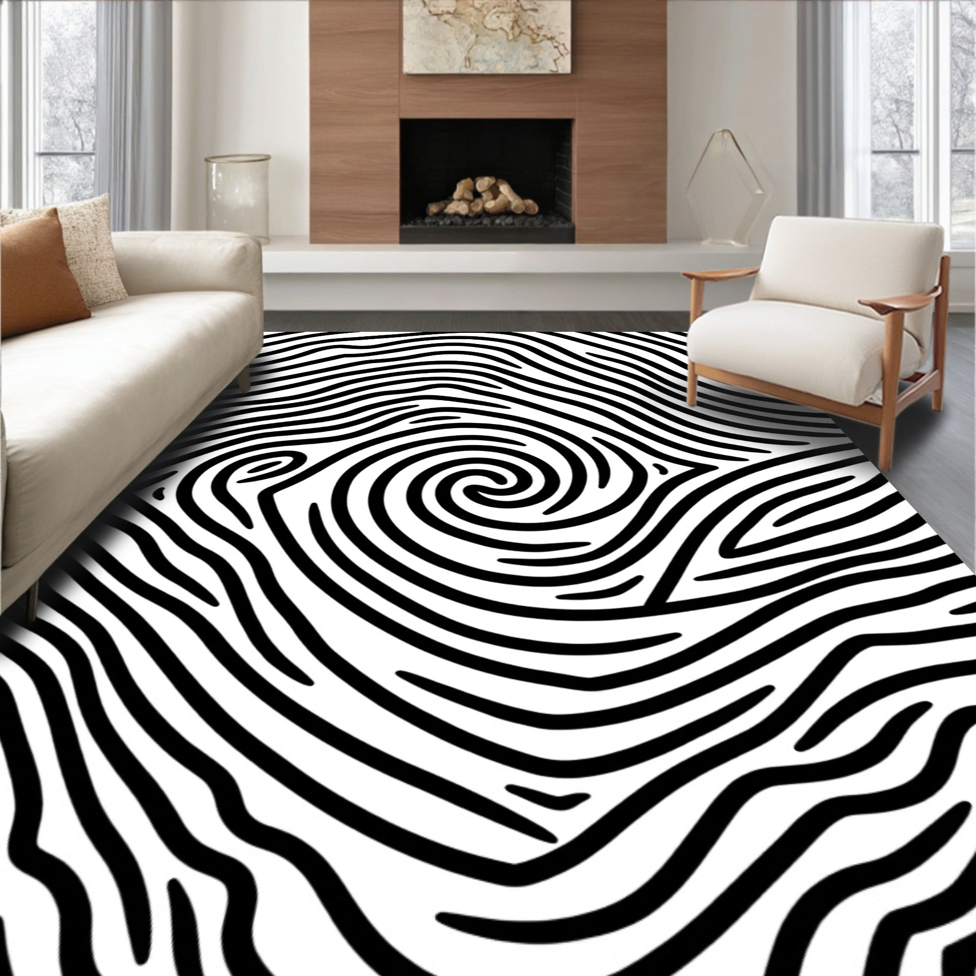 Abstract Black White Swirl Pattern Rug