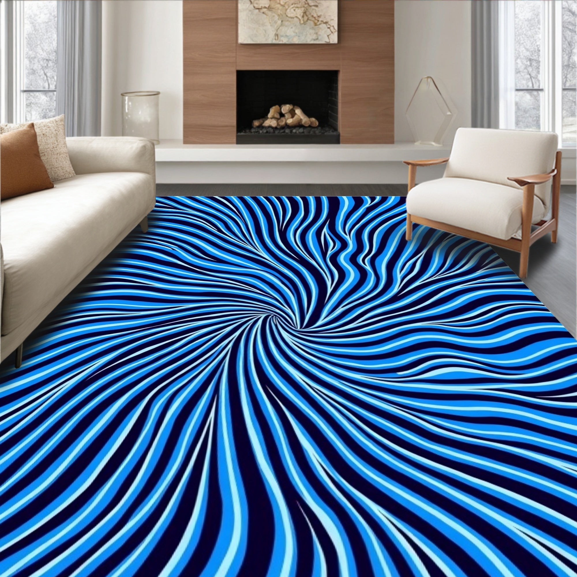 Vortex Blue Striped Optical Art Rug