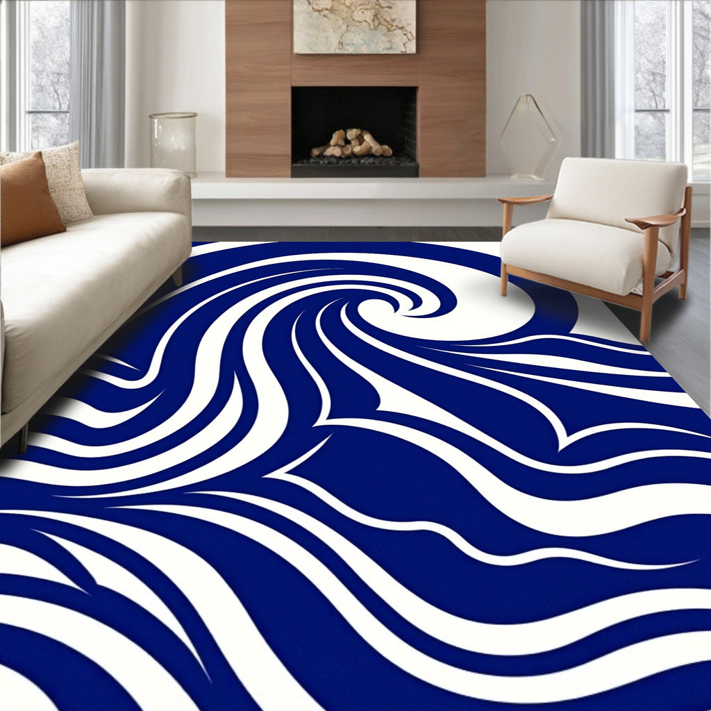Bold Blue Abstract Swirl Wave Rug