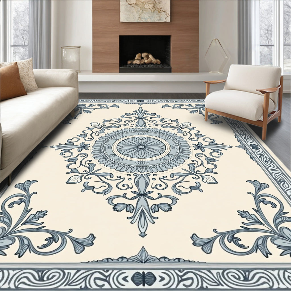 Ornate Blue Floral Mandala Pattern Rug