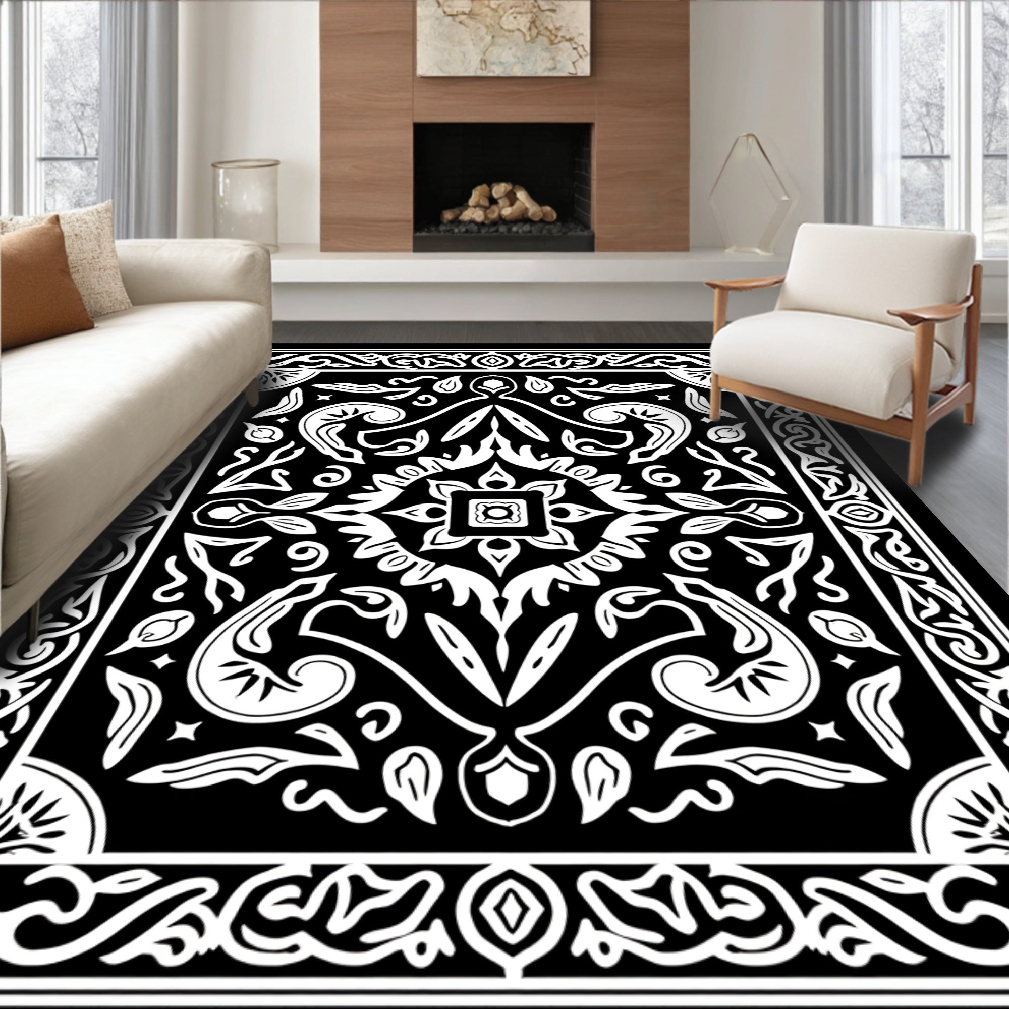 Black And White Symmetric Floral Pattern Rug