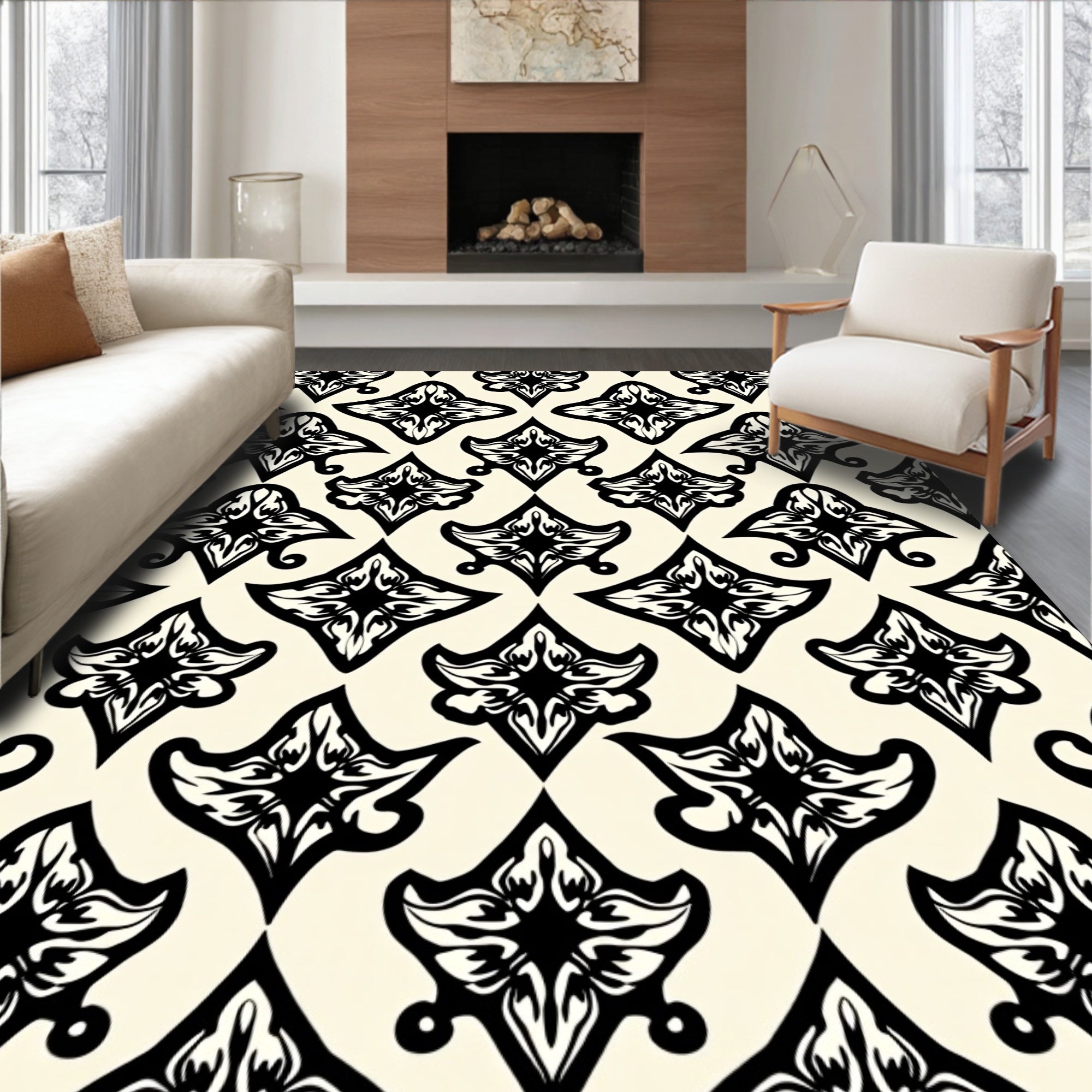 Elaborate Black Floral Damask Pattern Rug