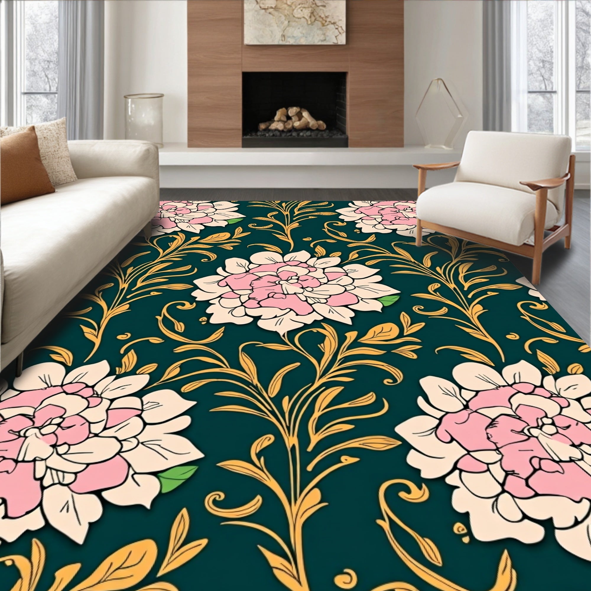 Pink Floral Vines Pattern Rug