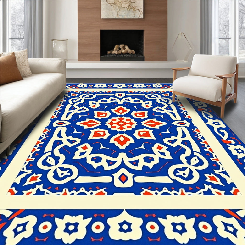 Intricate Blue Red Floral Medallion Rug