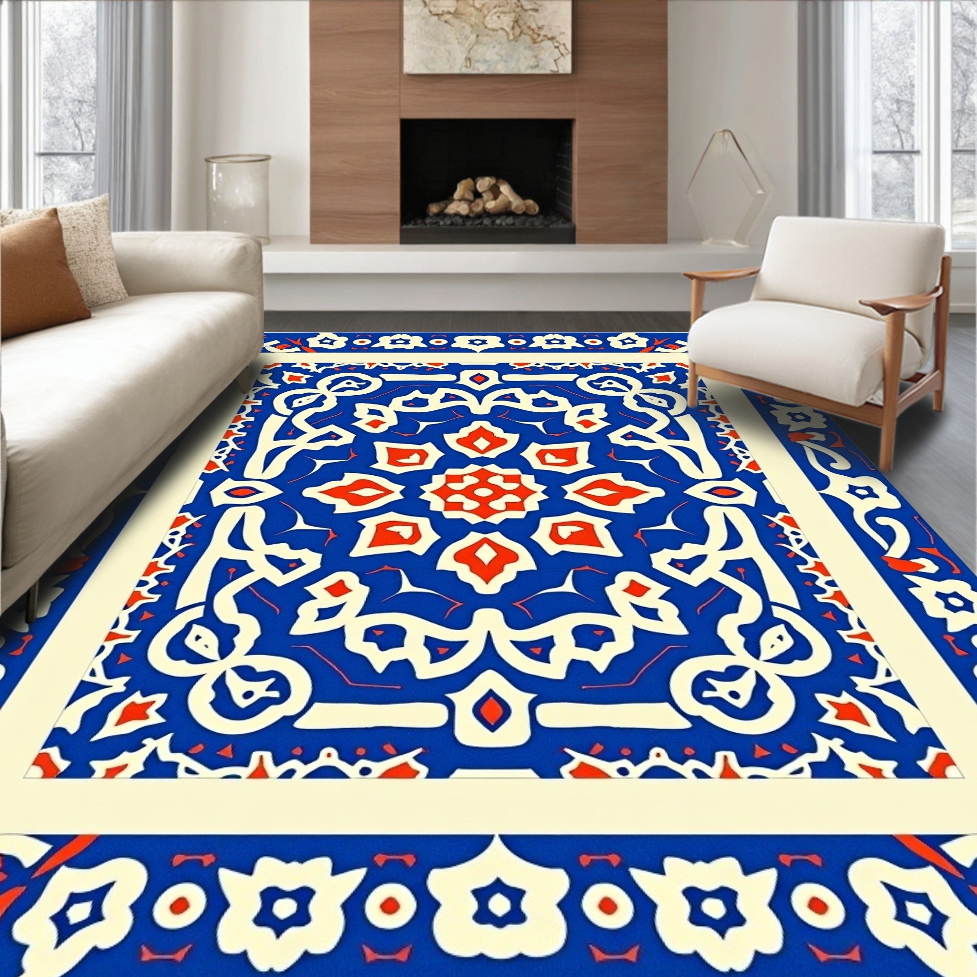 Intricate Blue Red Floral Medallion Rug