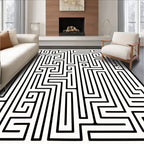 Black White Abstract Labyrinth Pattern Rug