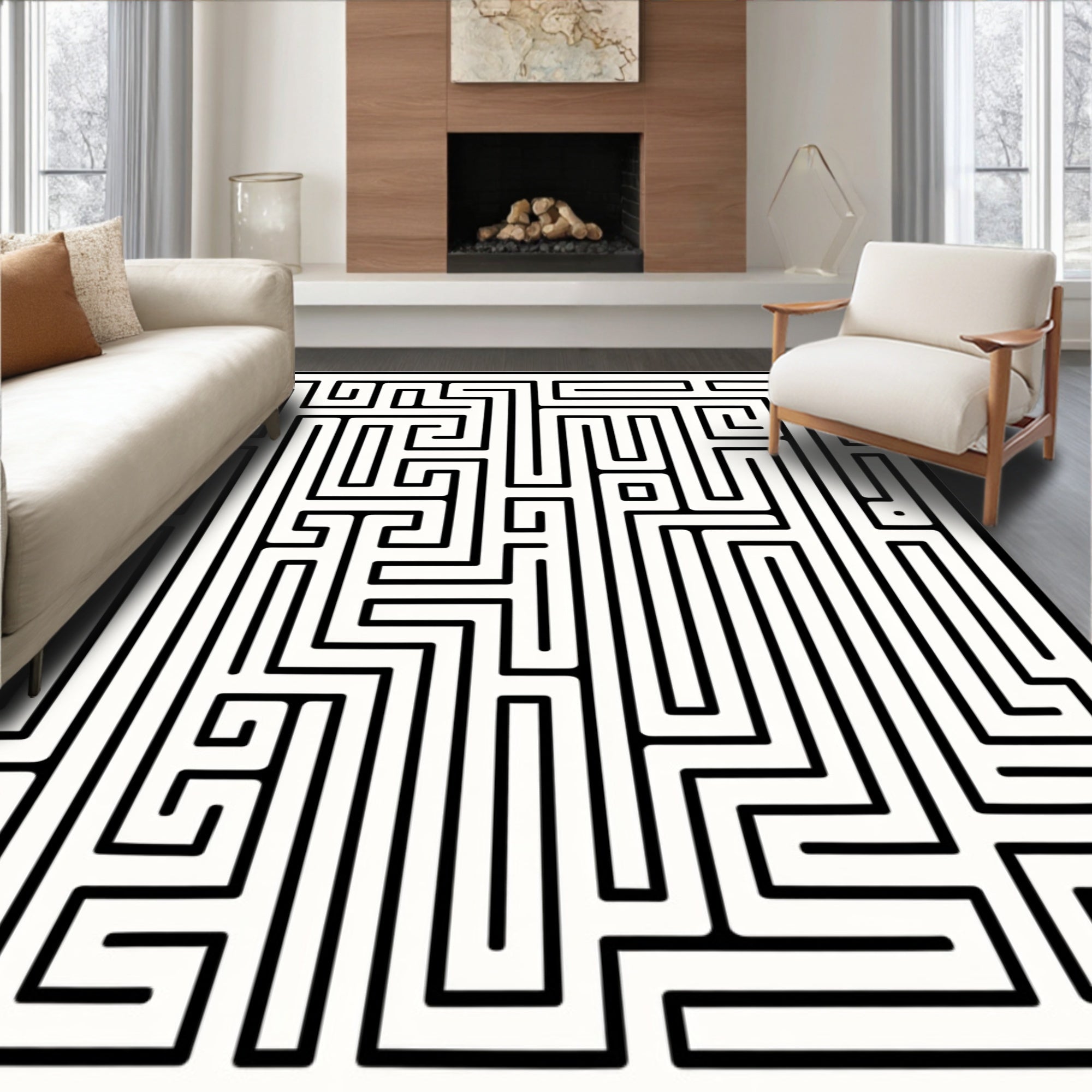 Black White Abstract Labyrinth Pattern Rug