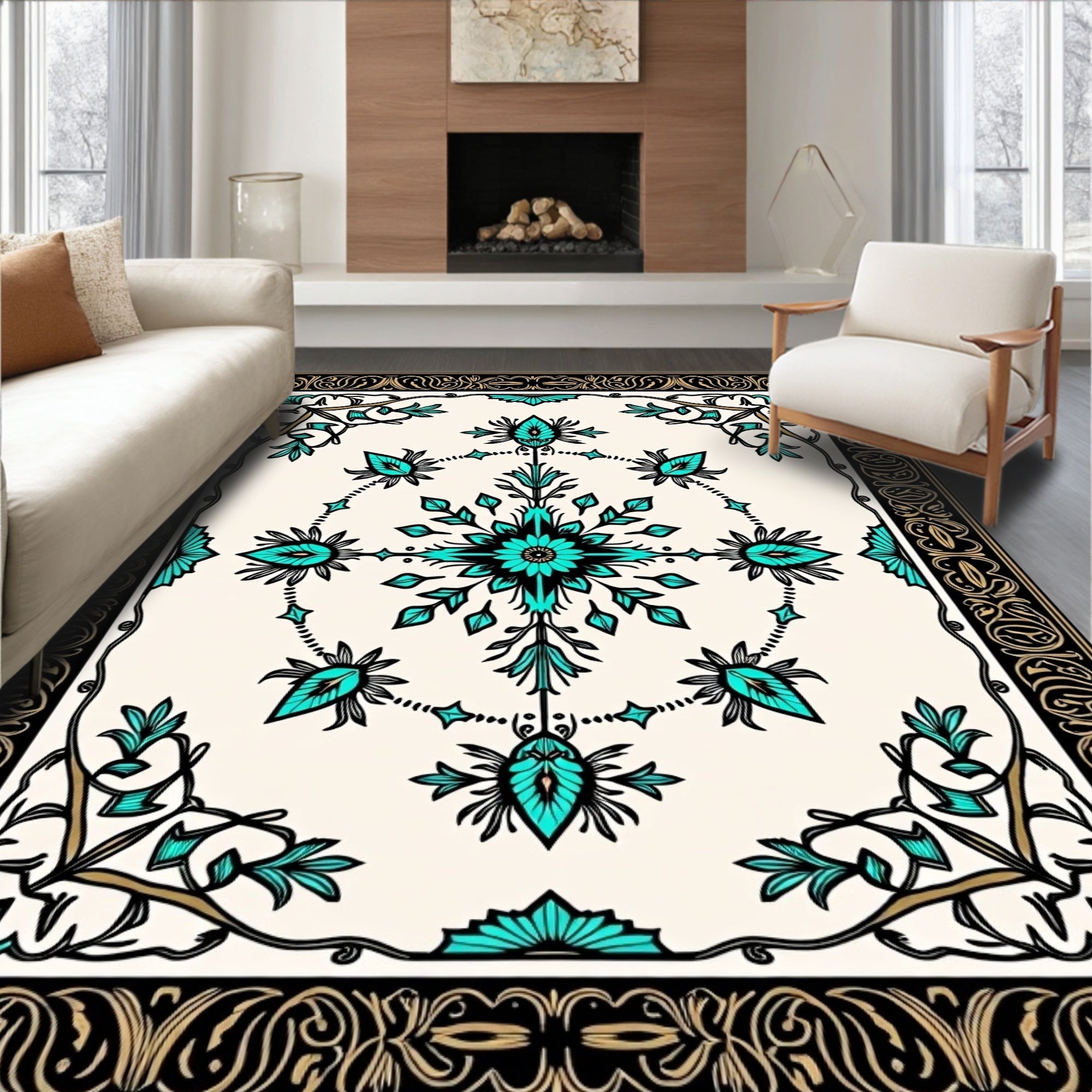 Ornate Turquoise Floral Scrollwork Rug