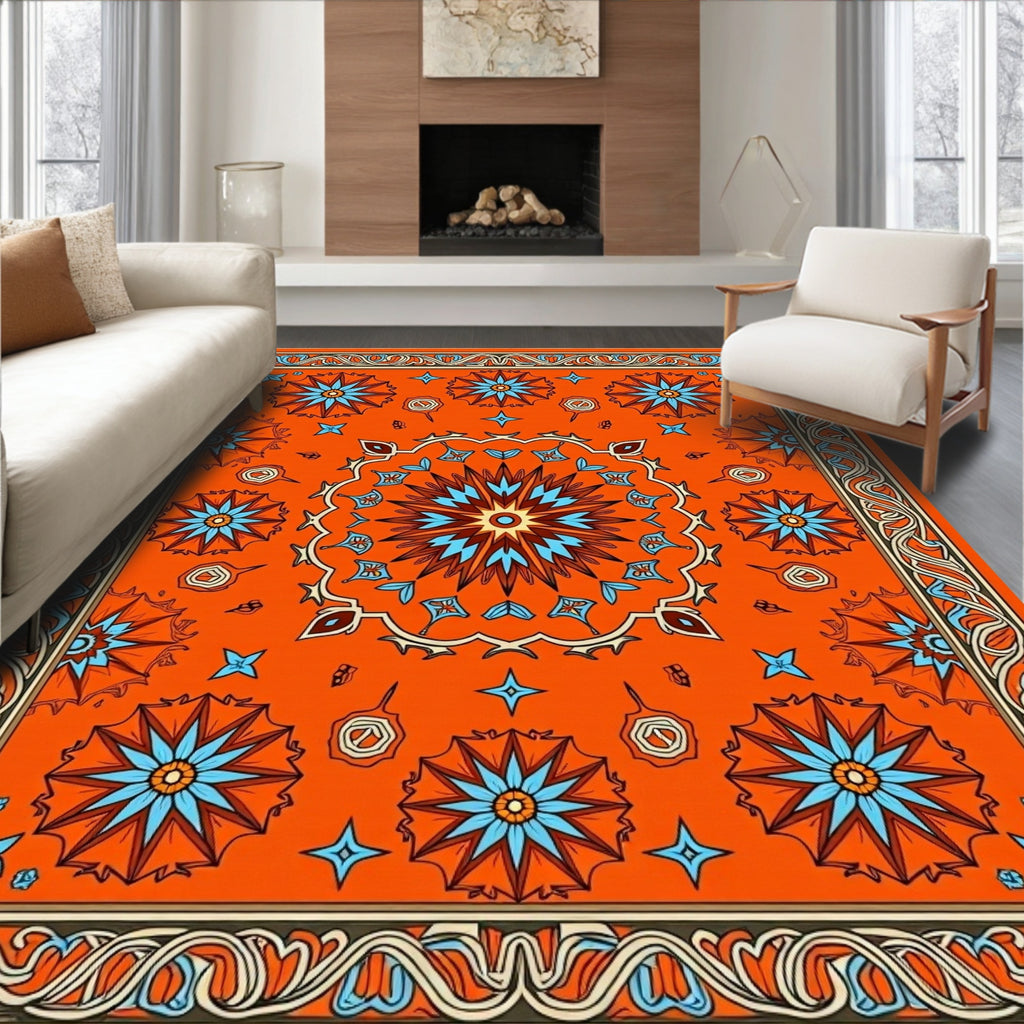 Ornate Starburst Patterned Orange Rug
