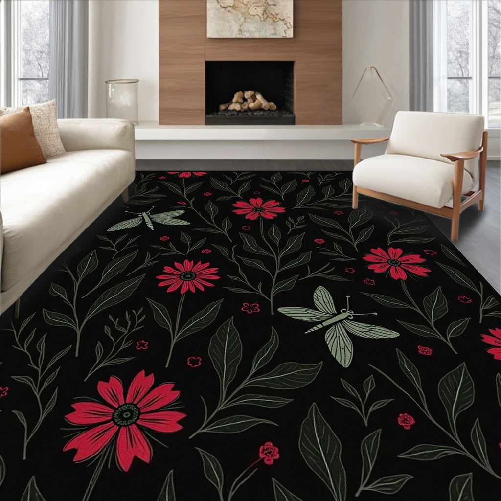 Crimson Daisy Dragonfly Botanical Black Rug